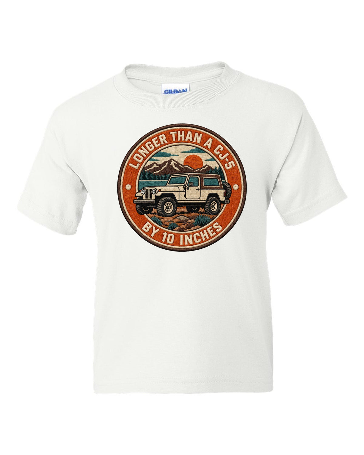 Embroidery-style varsity crest print of a Jeep CJ-7 with wheelbase text white kids tee front view with the design