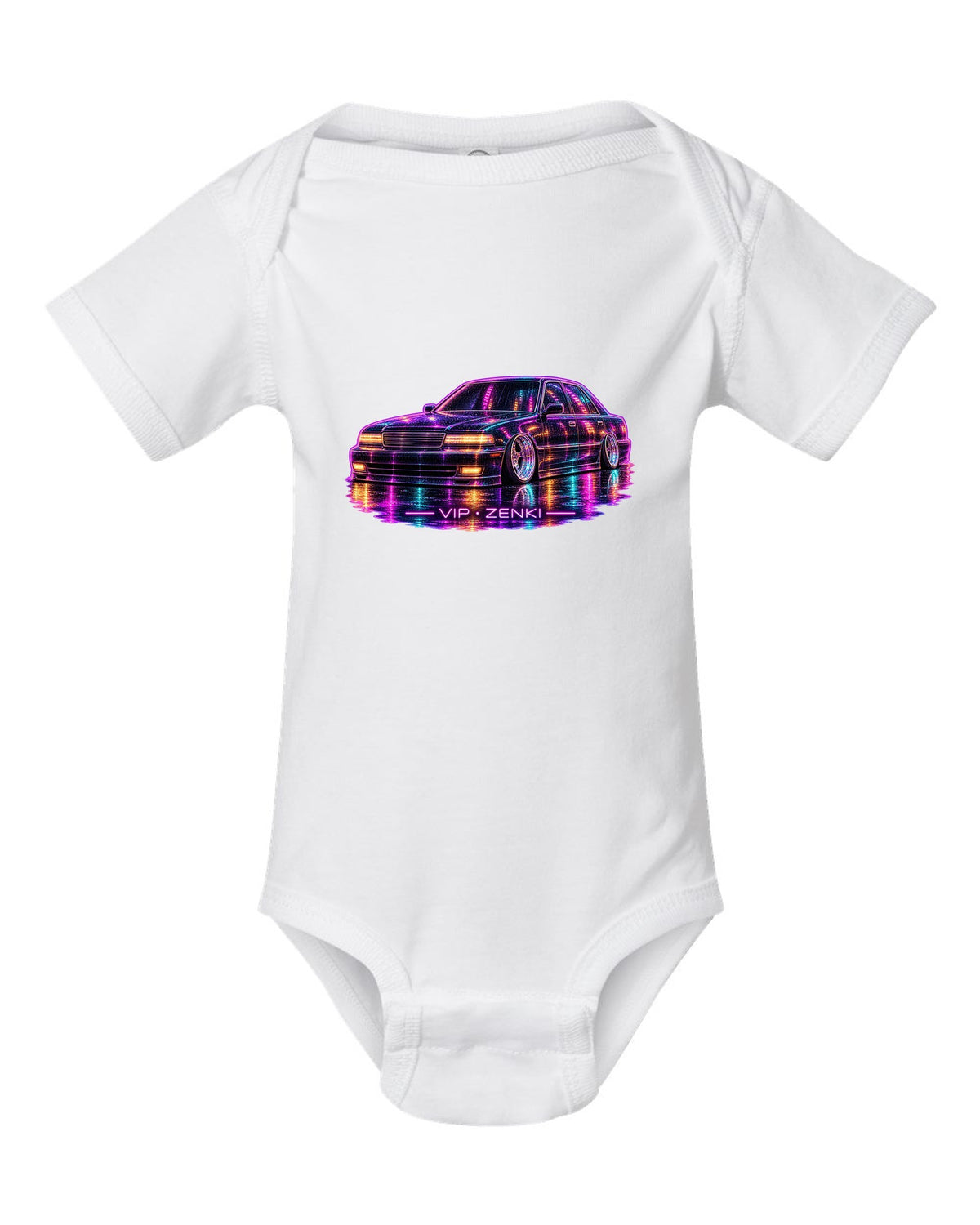 Neon line illustration of a slammed Japanese luxury sedan in the rain with VIP ZENKI lettering white baby onesie front view with the design