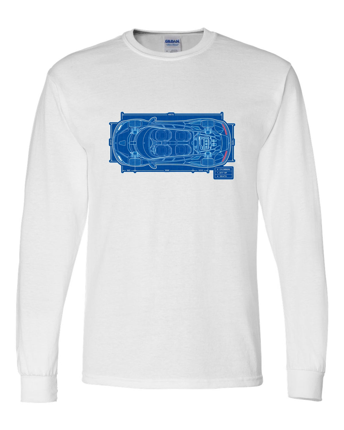 Technical blueprint print of the Koenigsegg Gemera seen from above with 3 cylinders and 4 seats lettering white long sleeve front view with the design