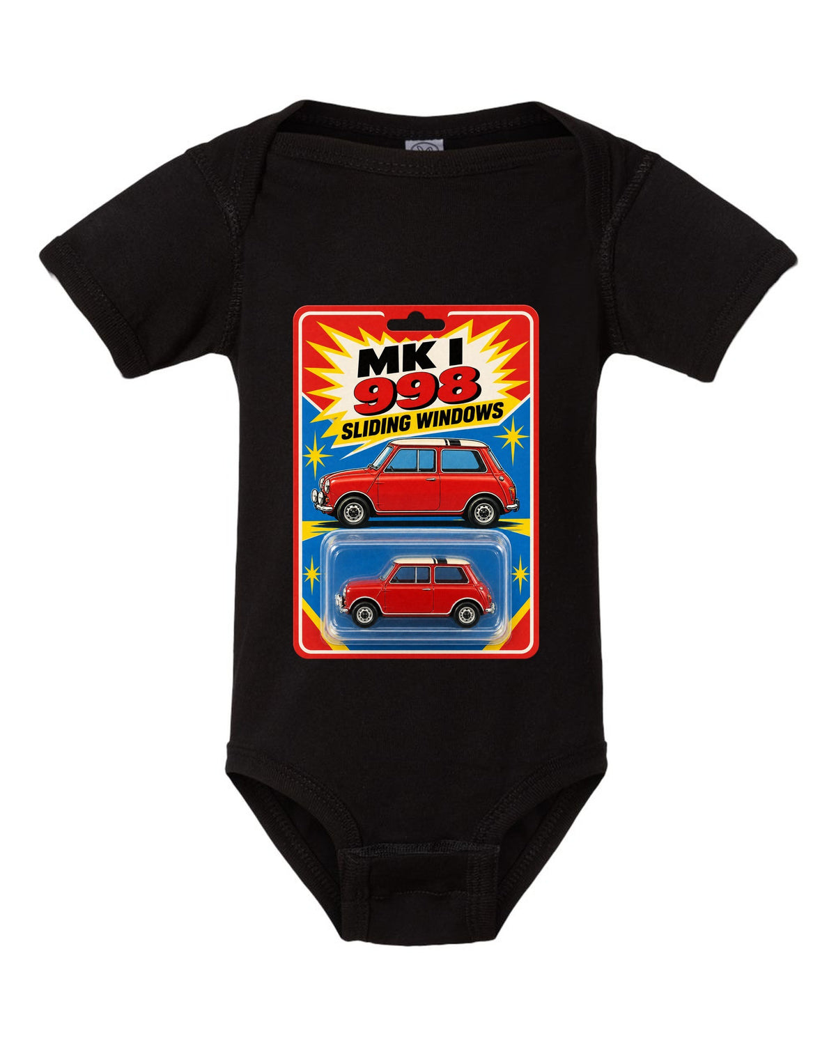 1967 Mini Cooper Mk I on a toy blister card with 998 and sliding windows text black baby onesie front view with the design