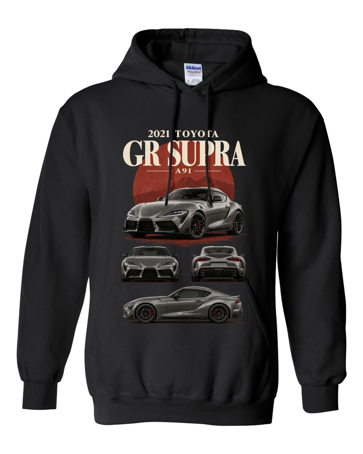 Graphite halftone front three-quarter of the Toyota GR Supra A90 with Made in Graz text black pull over hoodie front view with the design