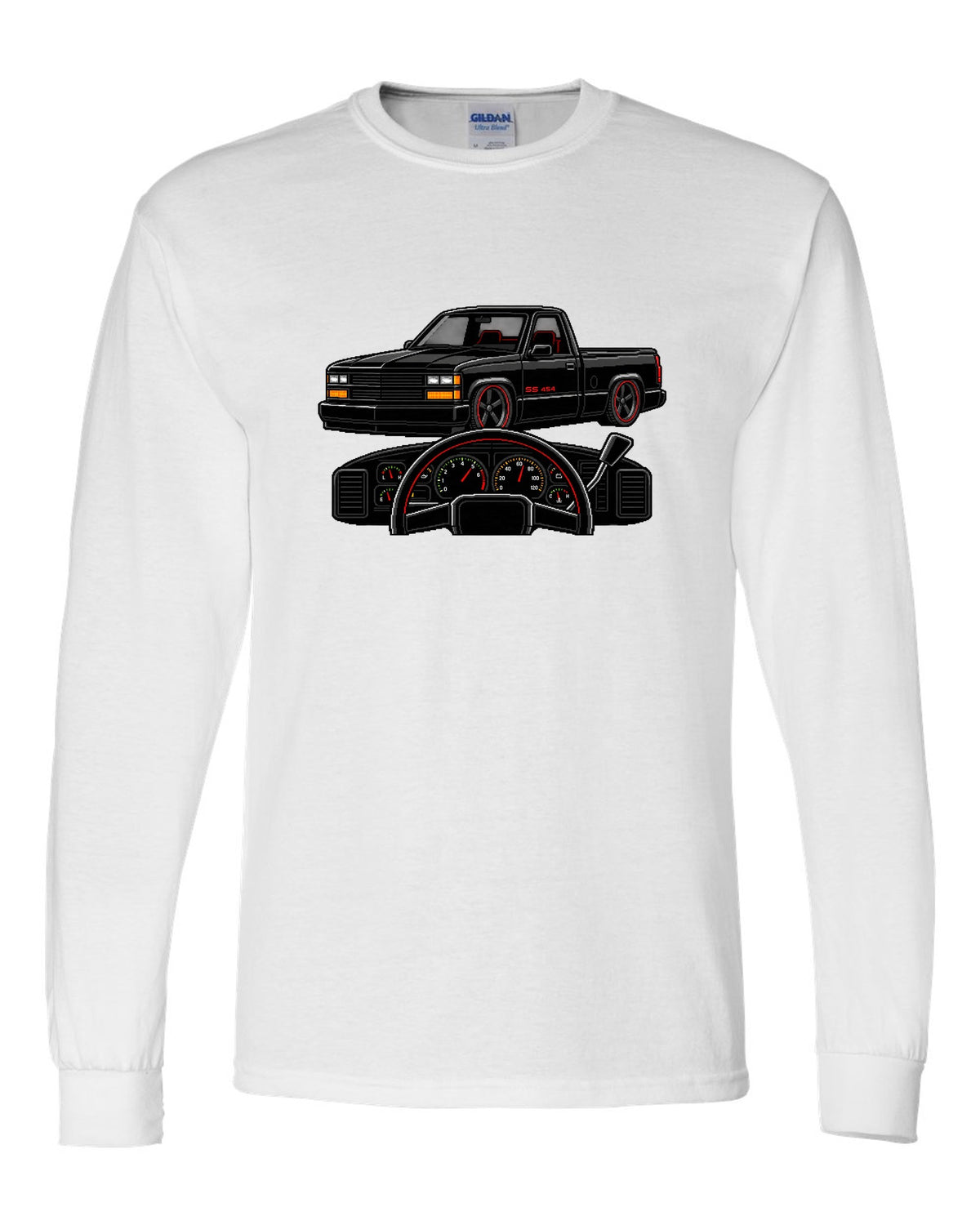 16-bit pixel art gauge print for a 1990-93 Chevrolet 454 SS pickup with SS 454 text white long sleeve front view with the design