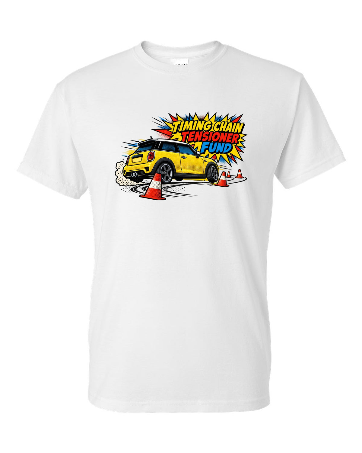 Comic halftone print of a Mini Cooper S R56 in a cone slalom with timing chain tensioner fund text white t-shirt front view with the design