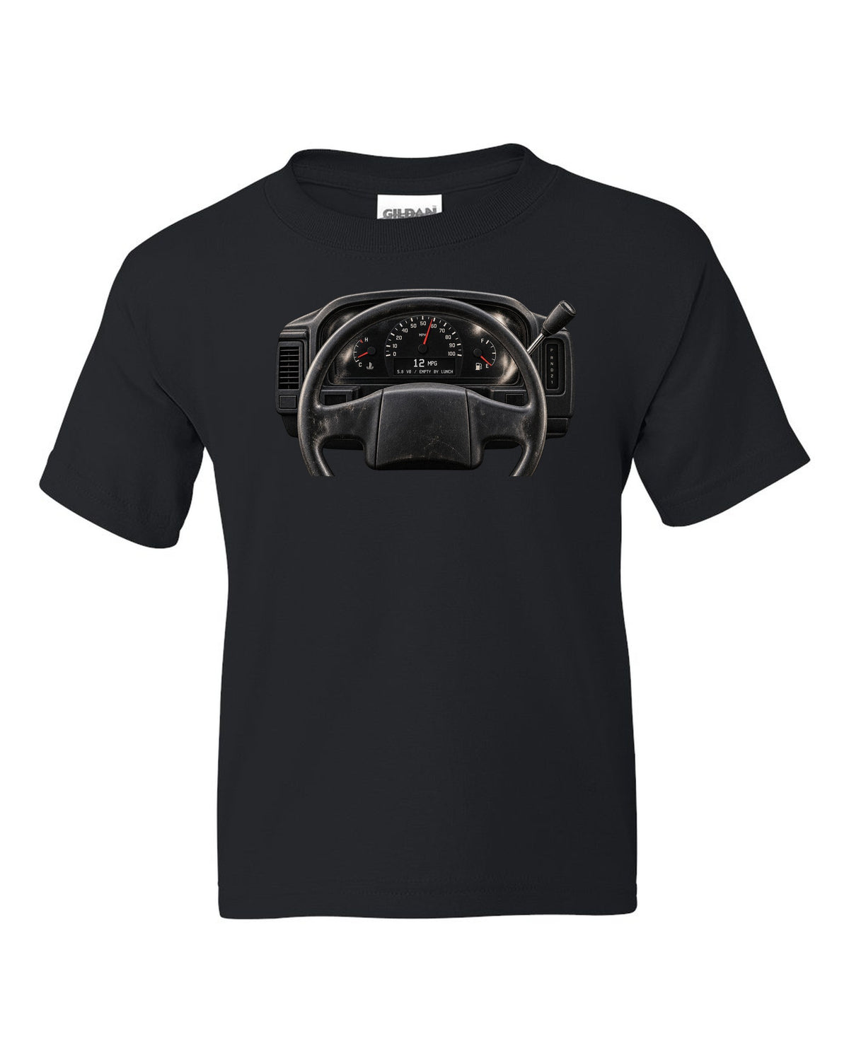 Gauge cluster print of a 1992-96 Ford Bronco OBS with 5.8 V8 and 12 MPG text black kids tee front view with the design