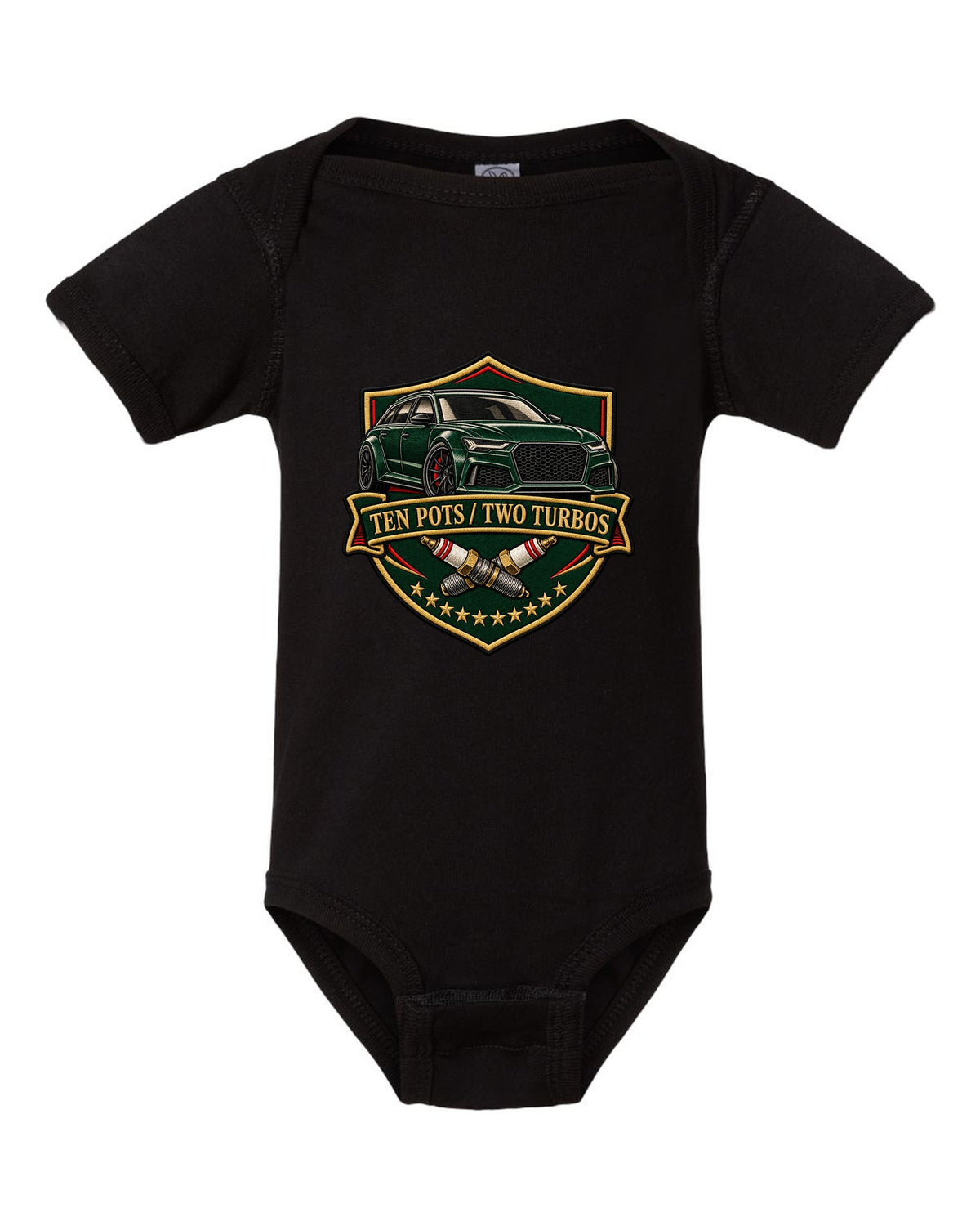 Varsity-style crest design of the Audi RS6 Avant C6 4F with ten pots two turbos lettering black baby onesie front view with the design