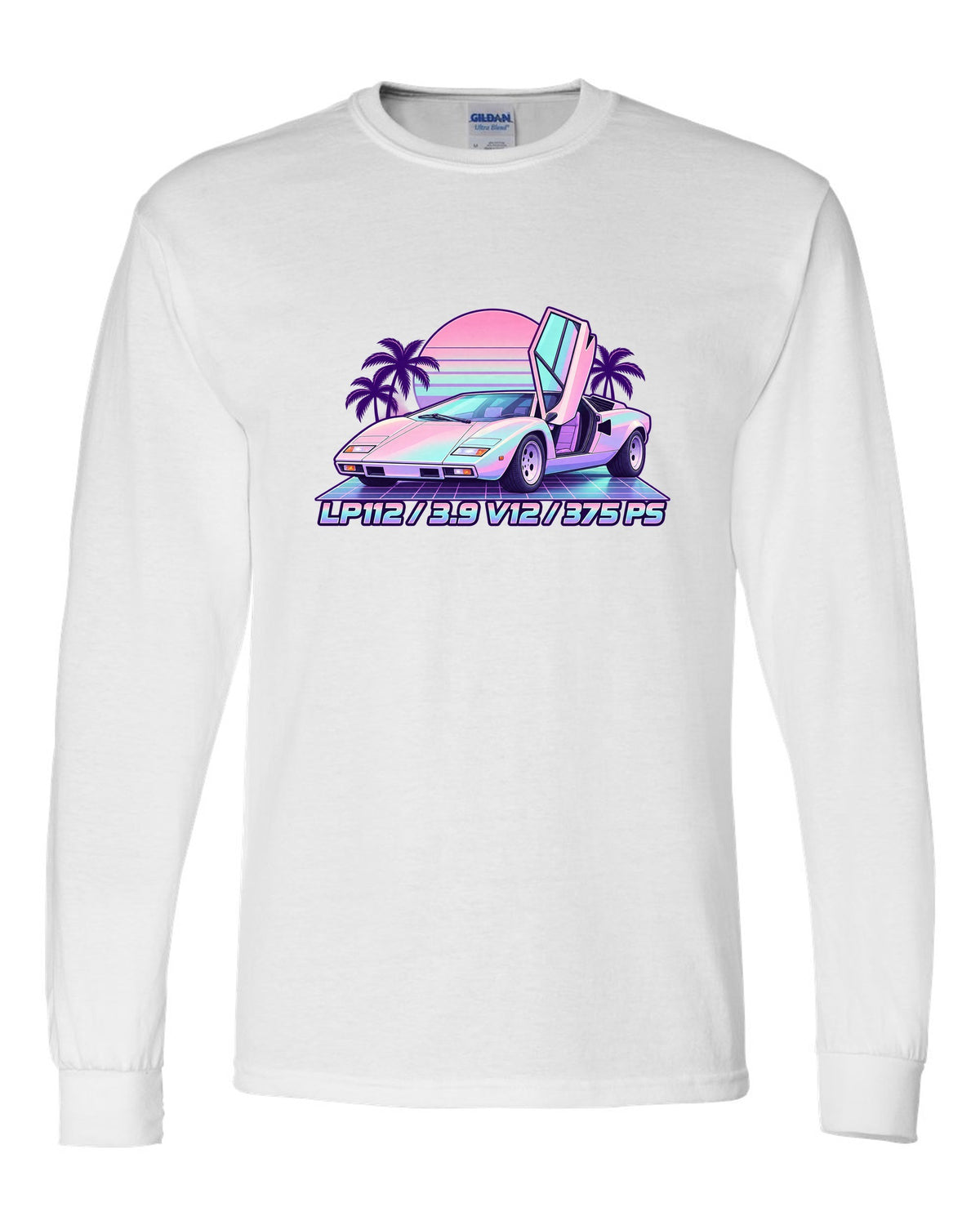 Pastel vaporwave Lamborghini Countach LP400 with LP112, 3.9 V12 and 375 PS lettering white long sleeve front view with the design