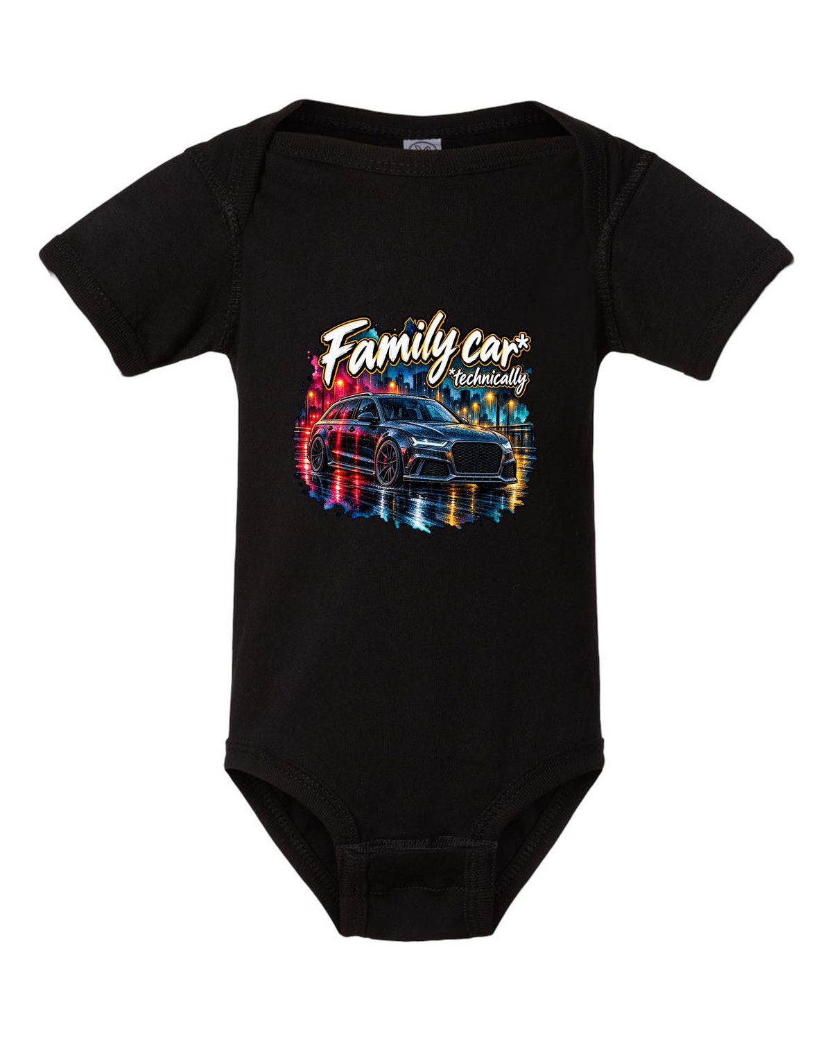 Watercolour wet-road night design of the Audi RS6 Avant C7 4G with family car technically lettering black baby onesie front view with the design