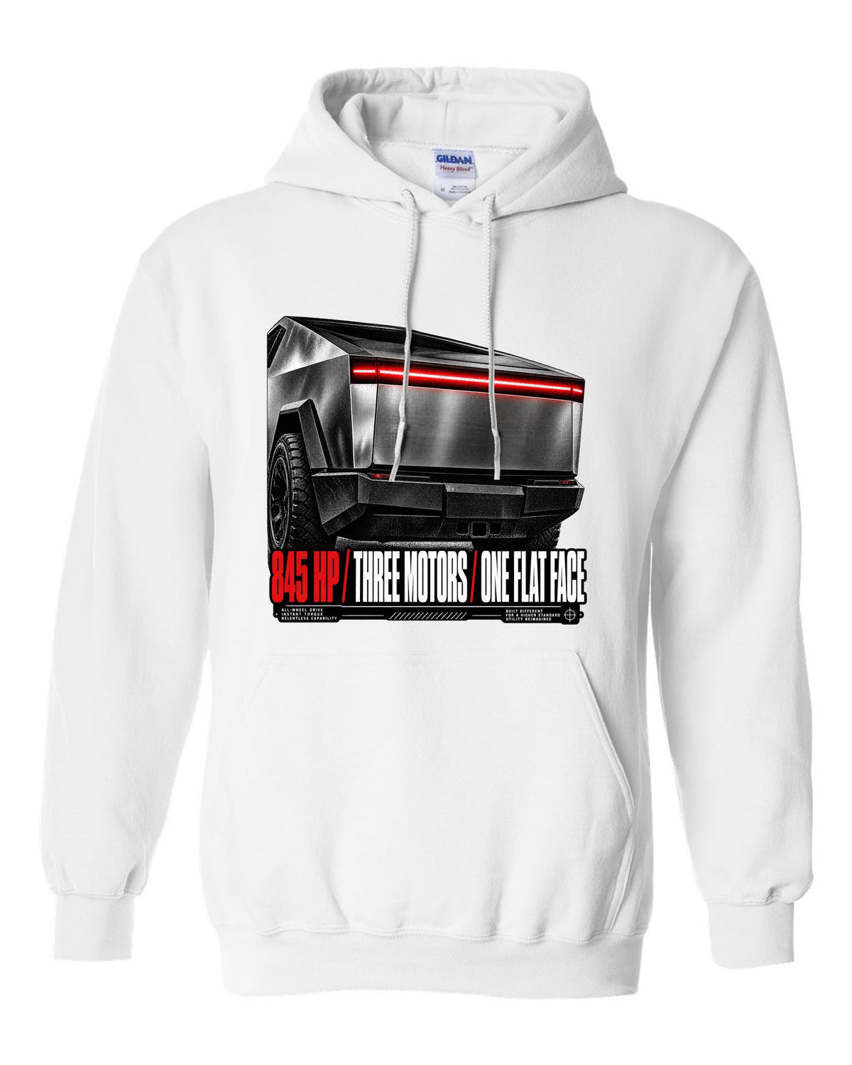 Macro of the Tesla Cybertruck Cyberbeast 2024 light bar with 845 HP and three motors text white pull over hoodie front view with the design
