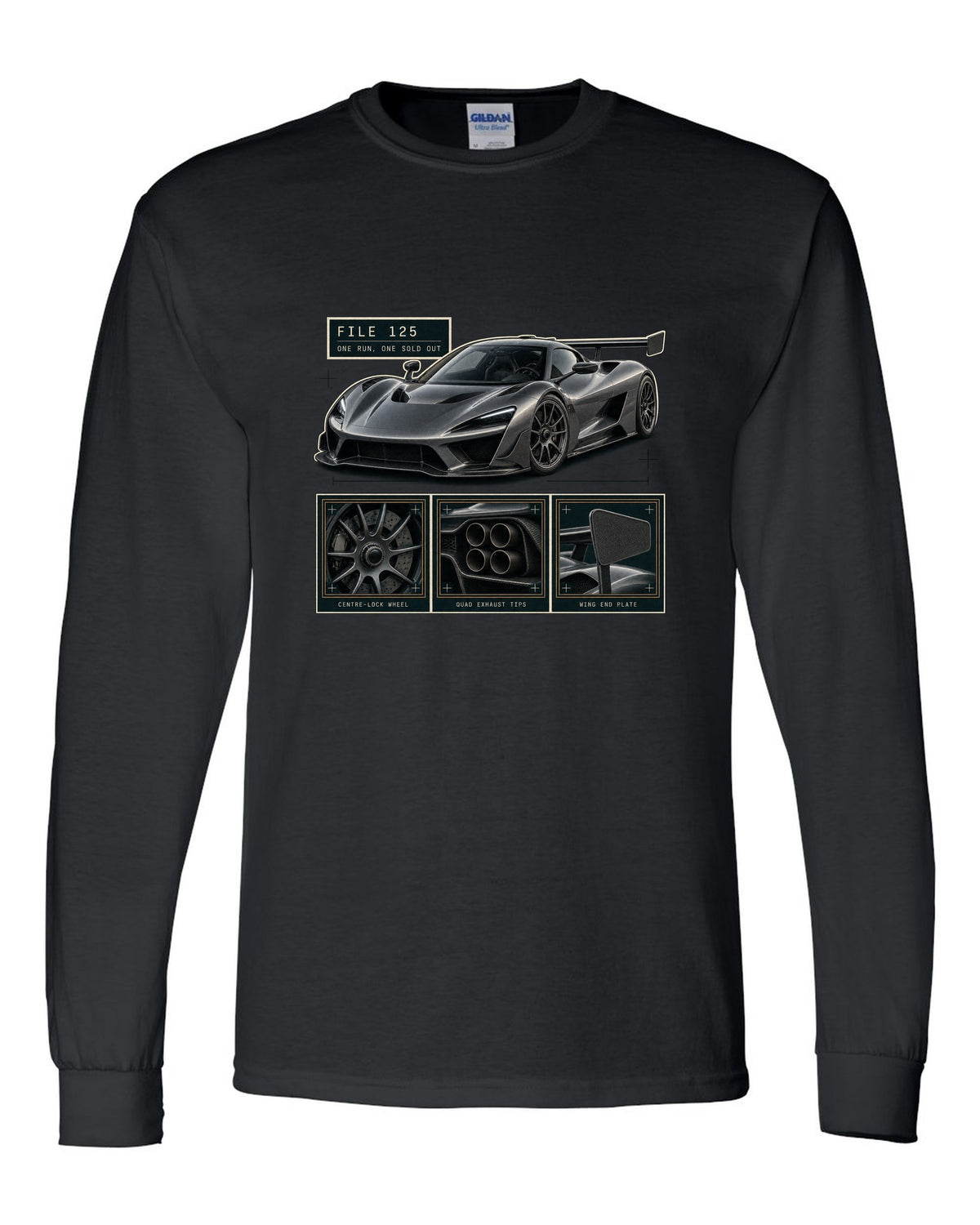 Dossier panel layout of the Koenigsegg Jesko Attack with detail panels, print black long sleeve front view with the design