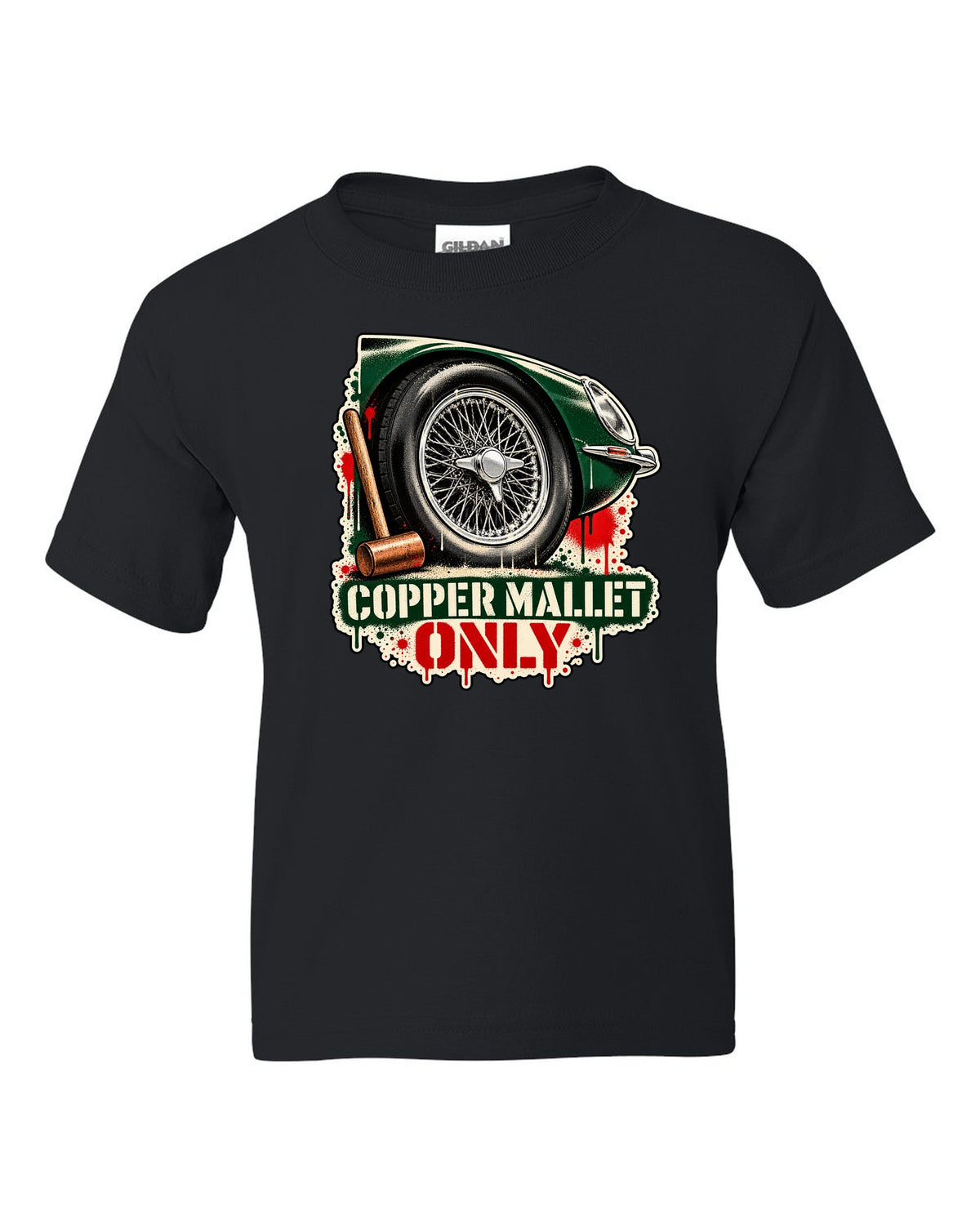 Spray stencil street art print of a Jaguar E-Type Series 1 wire wheel with copper mallet lettering black kids tee front view with the design