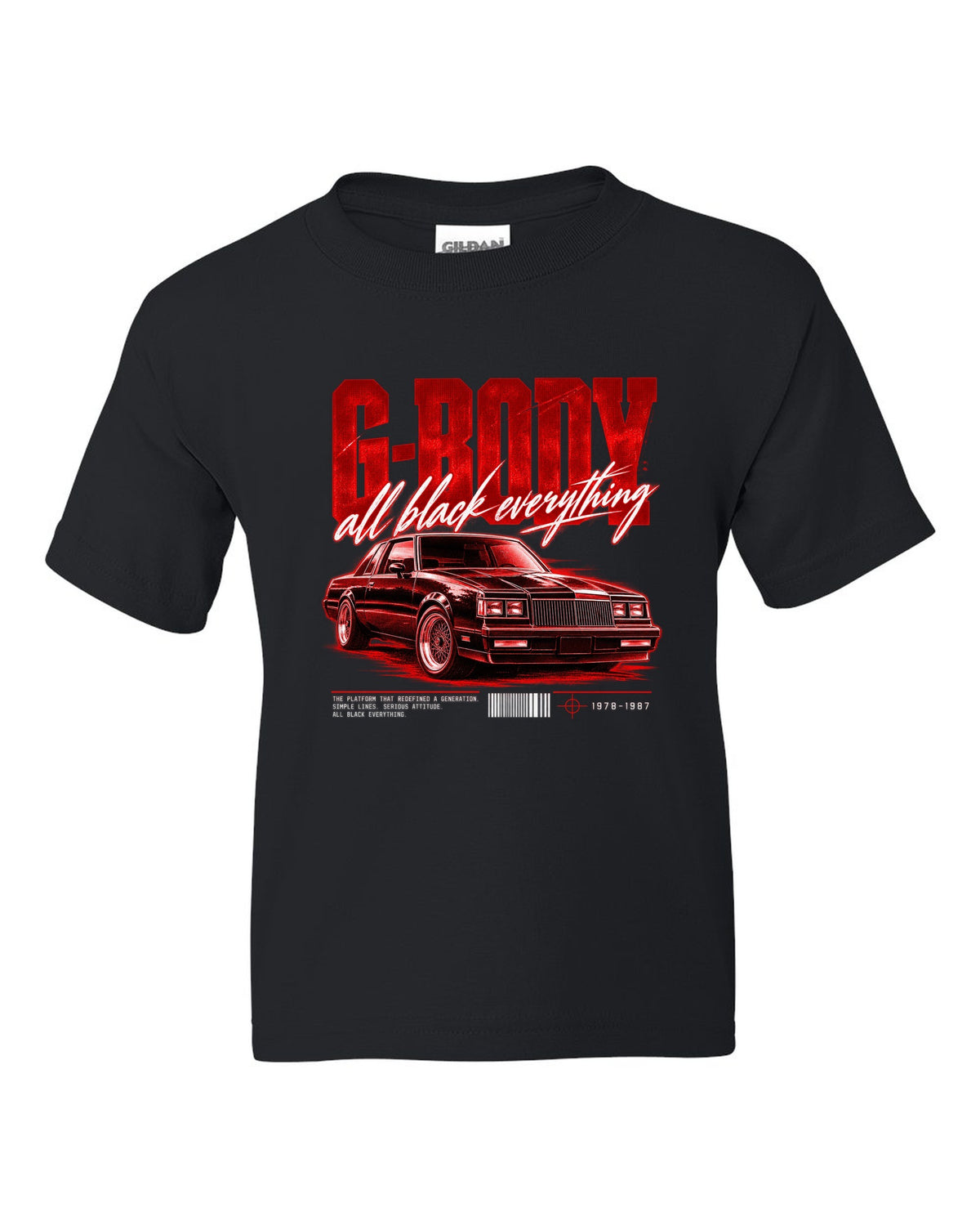 print street poster of an all black Buick Regal G-body coupe 1984-87 black kids tee front view with the design