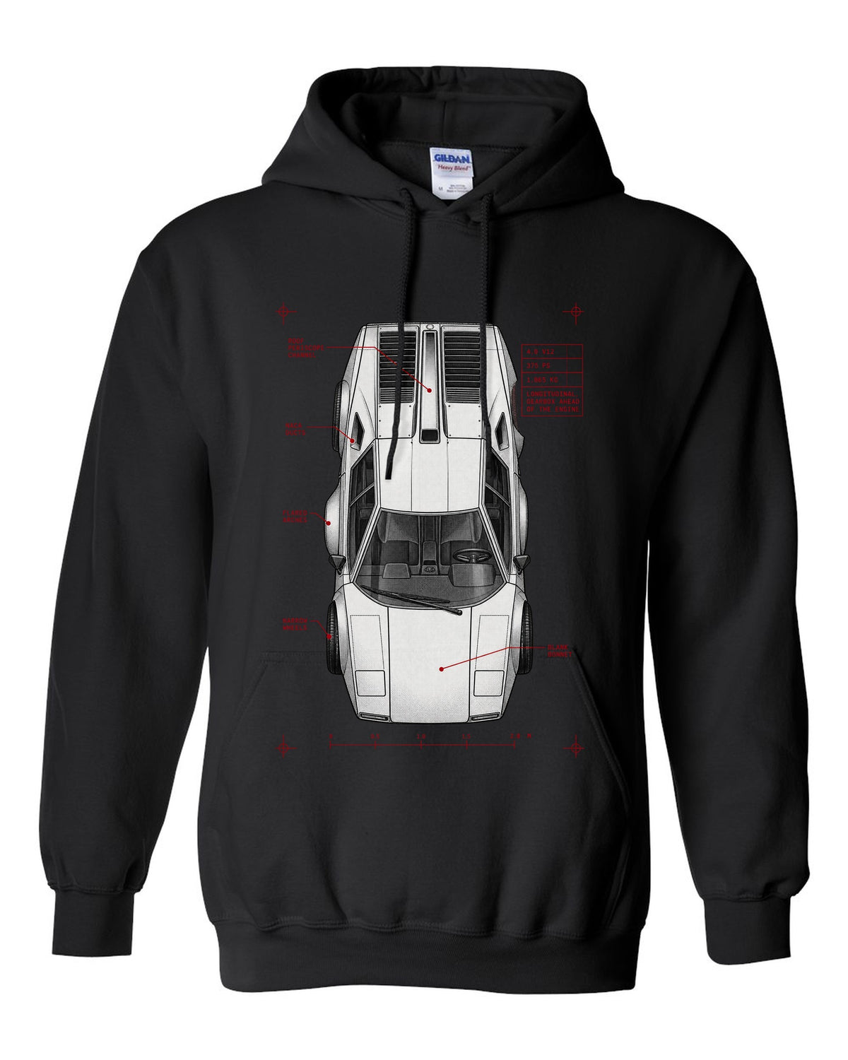Spec poster print of a Lamborghini Countach LP400 with 4.0 V12 375 PS and 1,065 kg text black pull over hoodie front view with the design