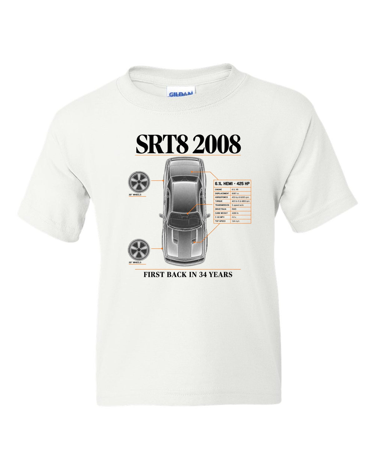 Spec poster print of a 2008 Dodge Challenger SRT8 with 6.1L Hemi and 425 HP text white kids tee front view with the design