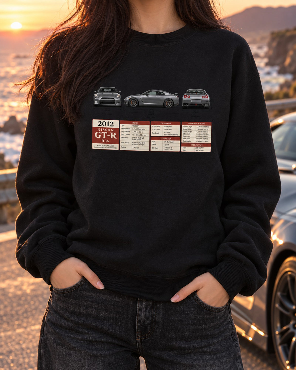 Nissan GT-R R35 MY2012 Three-View Shirt, 530 HP Spec Tee Crewneck Black worn hero