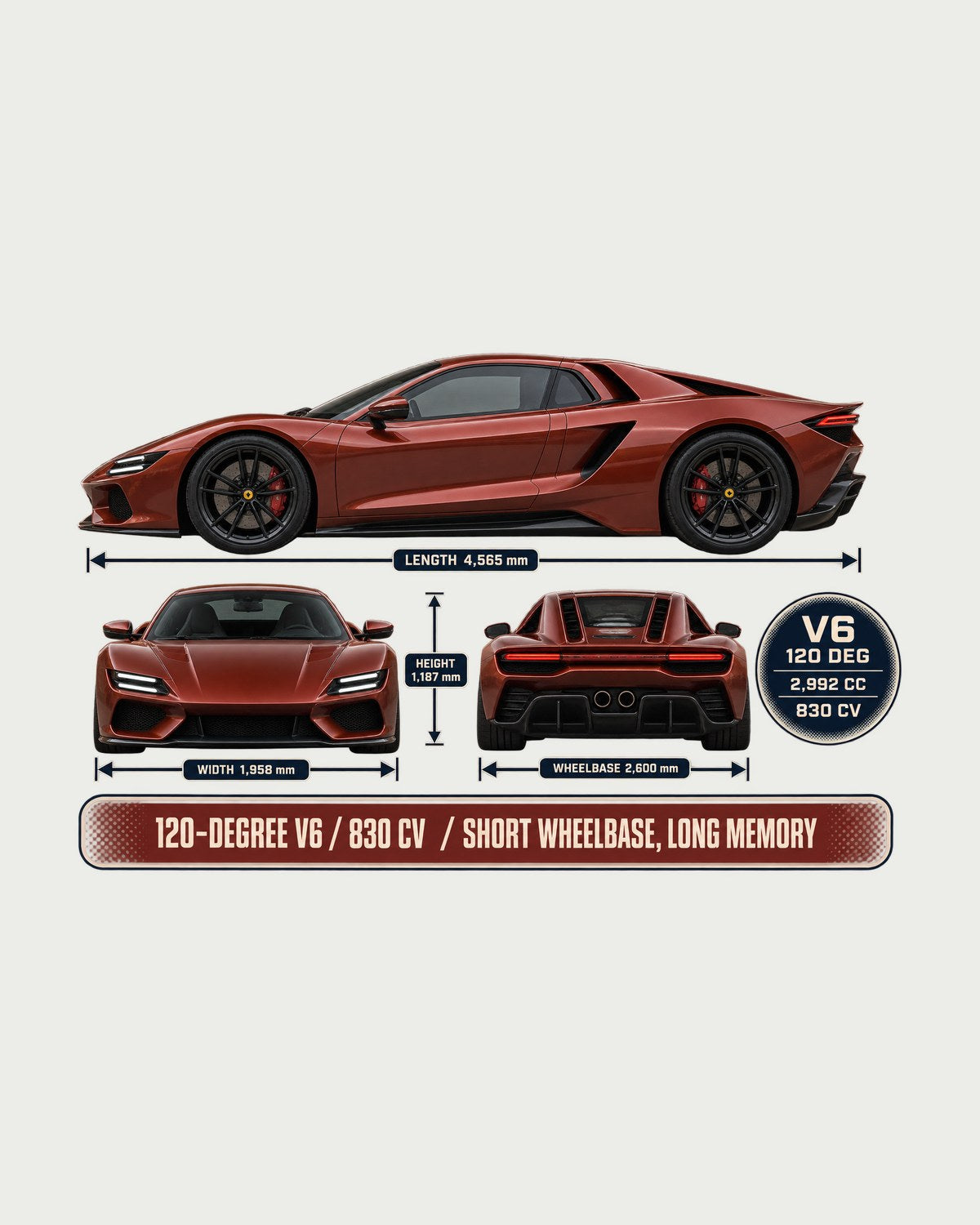 Ferrari 296 GTB Three-View Spec Table Tee, V6 Car Guy Shirt design only