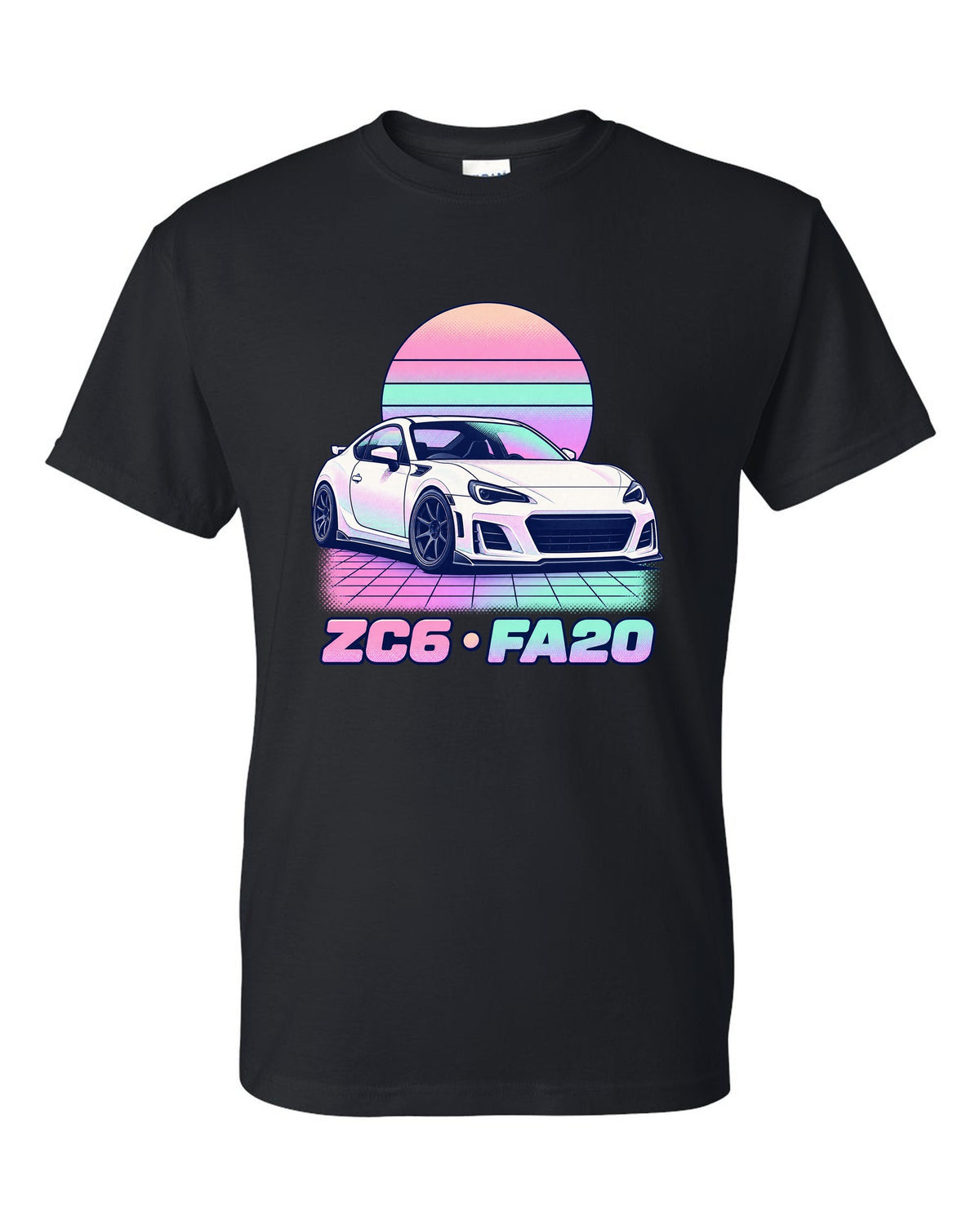 Subaru BRZ ZD8 round varsity crest print, ZD8 / FA24 / 2022 black t-shirt front view with the design