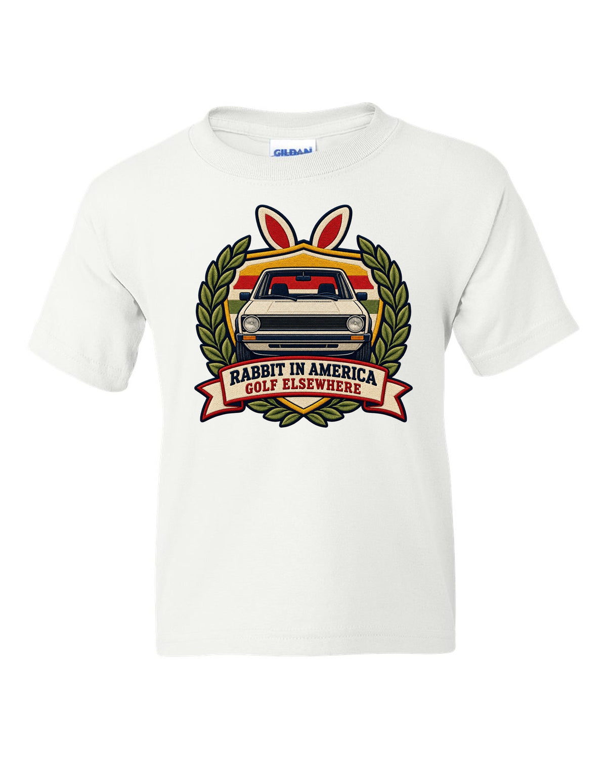 Varsity crest print of a VW Golf Mk1 Rabbit with Golf elsewhere text white kids tee front view with the design