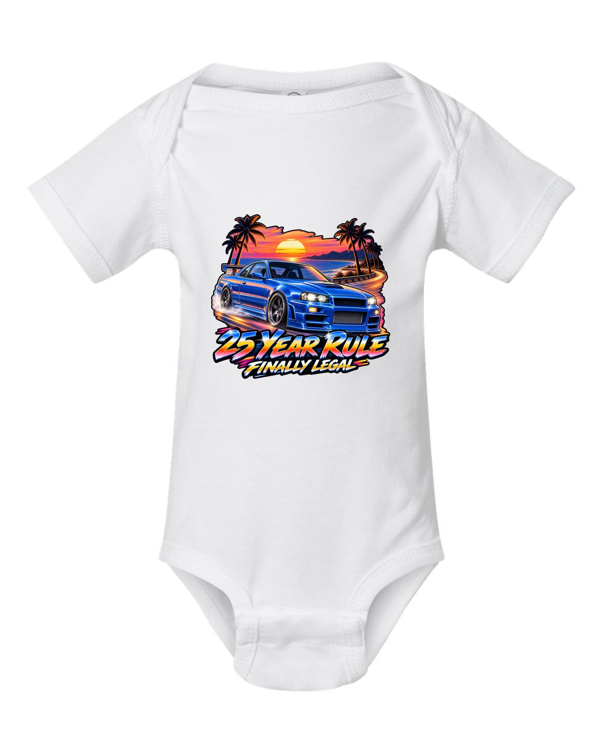 Retro airbrush sunset poster print of a Nissan Skyline GT-R R34 BNR34 with 25 year rule text white baby onesie front view with the design
