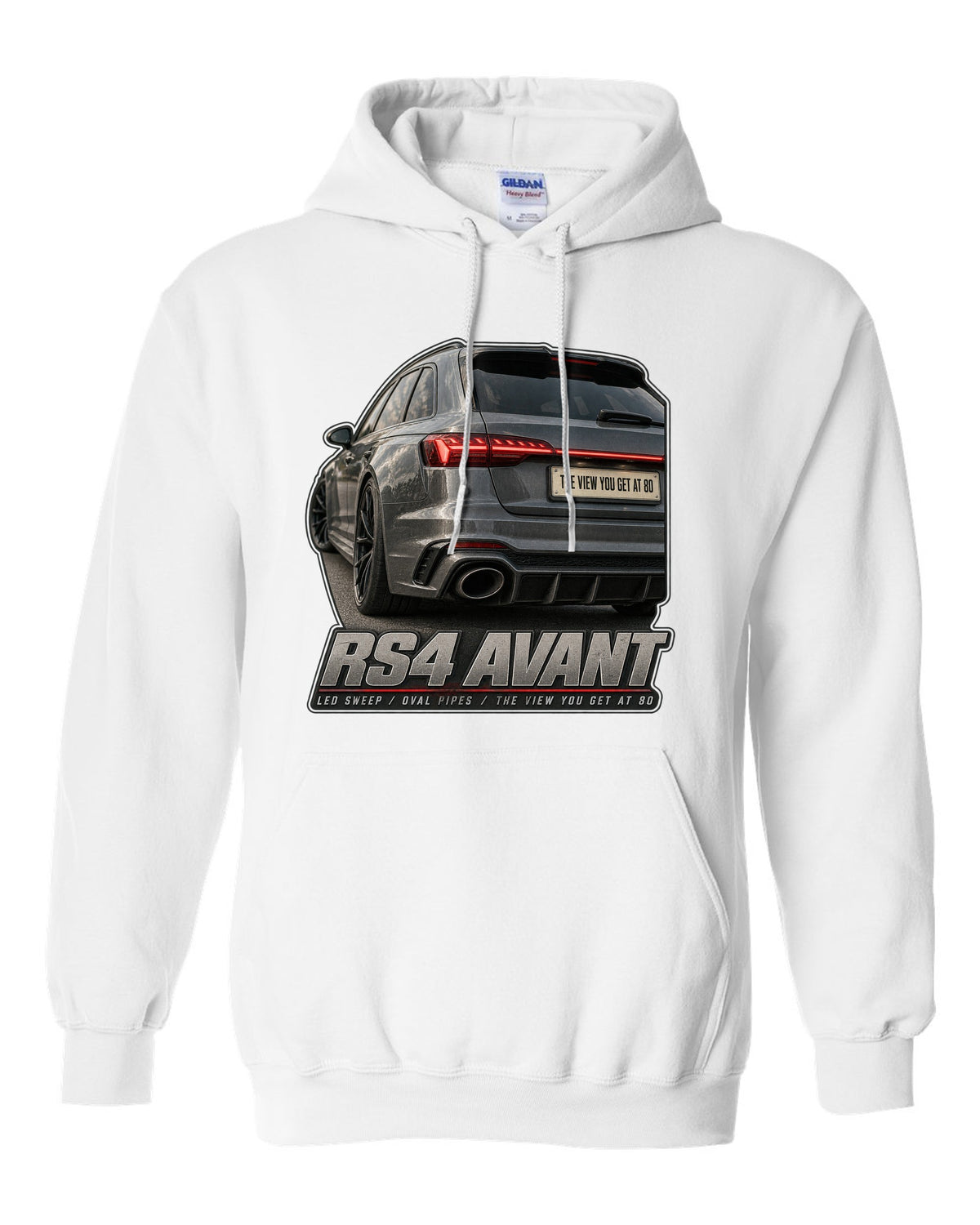 Audi RS4 Avant B9 rear taillight macro with LED sweep and oval pipes print white pull over hoodie front view with the design