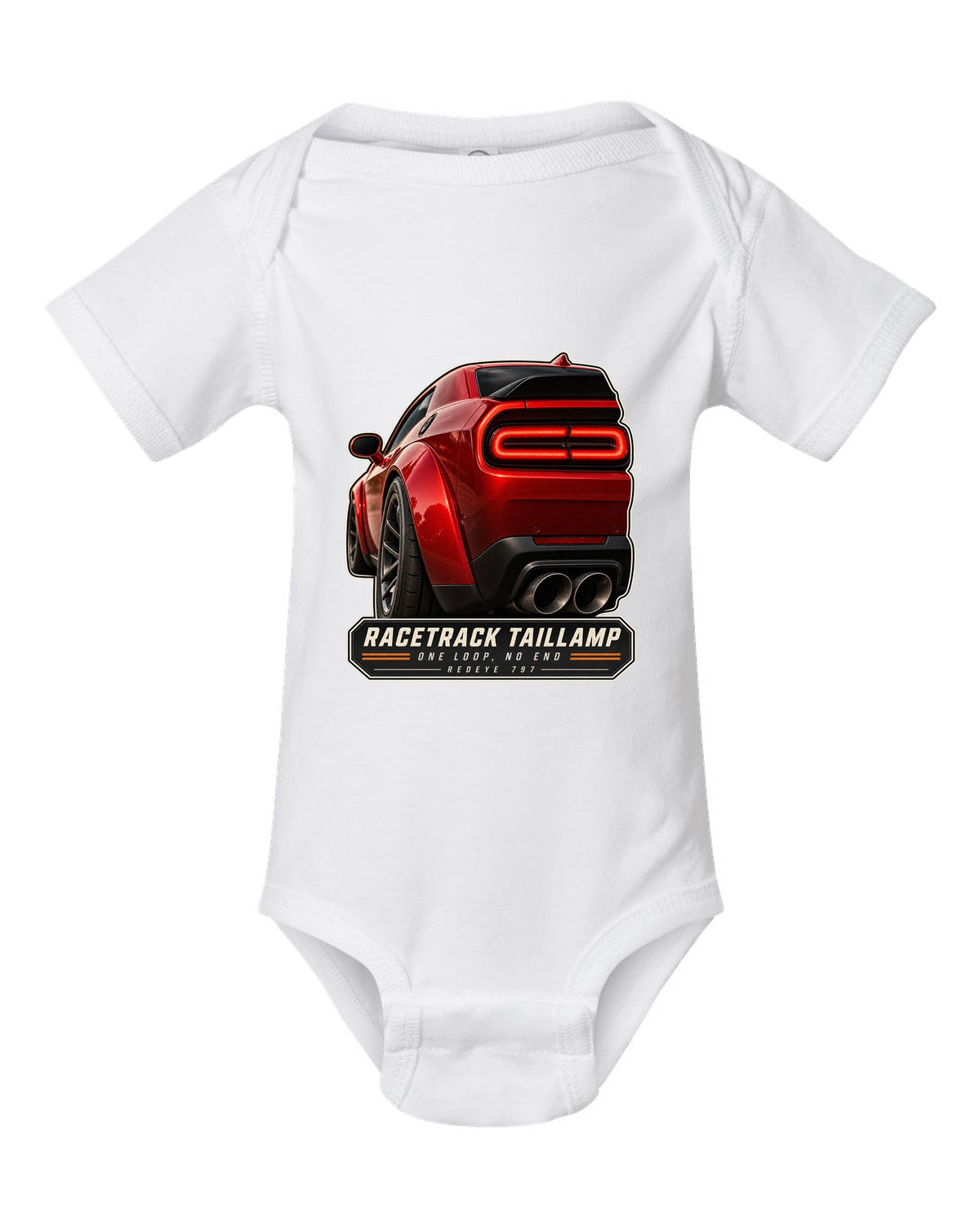 Dodge Challenger Hellcat Redeye Widebody racetrack taillamp macro print white baby onesie front view with the design