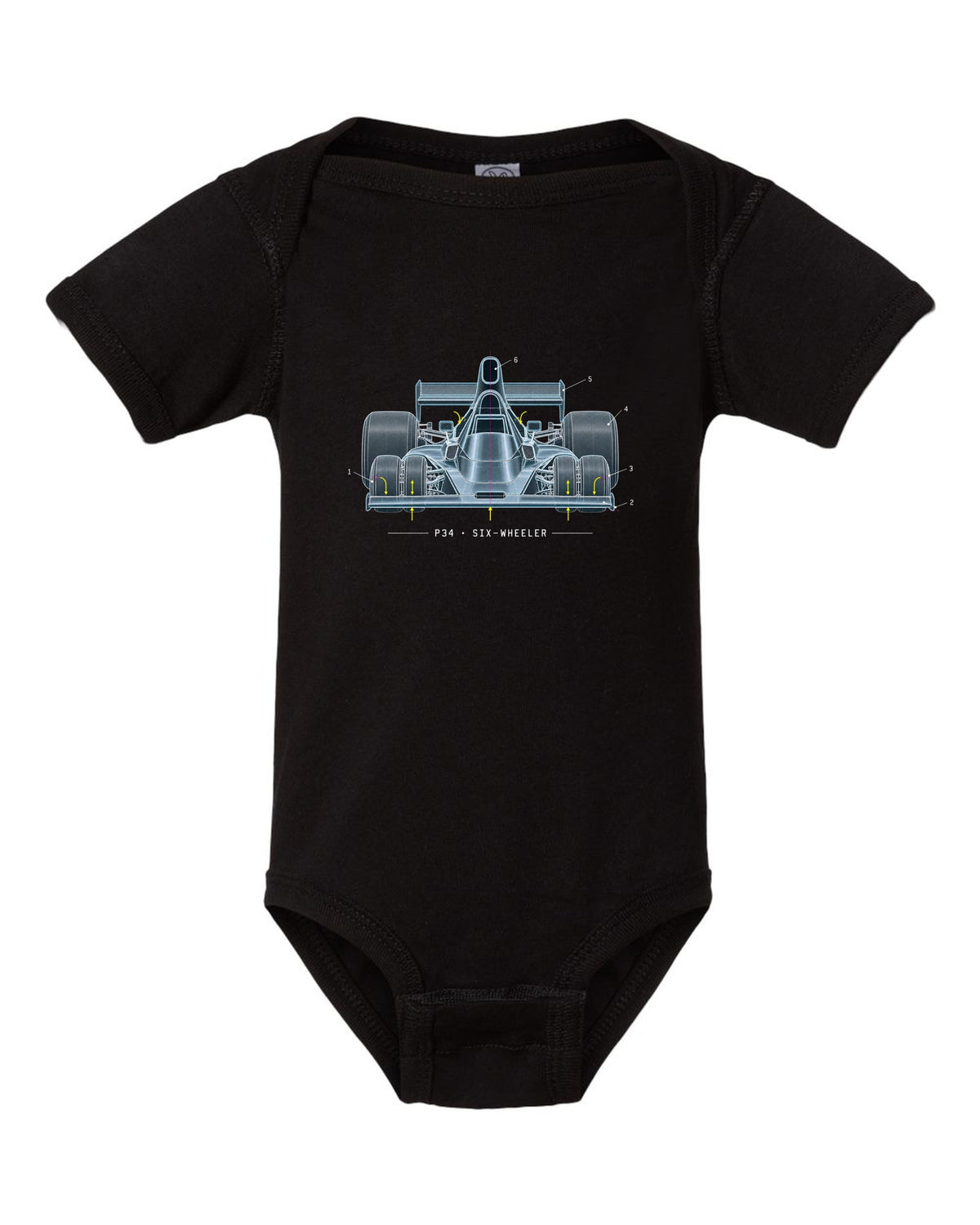 Blueprint patent-style drawing of the Tyrrell P34 six-wheeler black baby onesie front view with the design