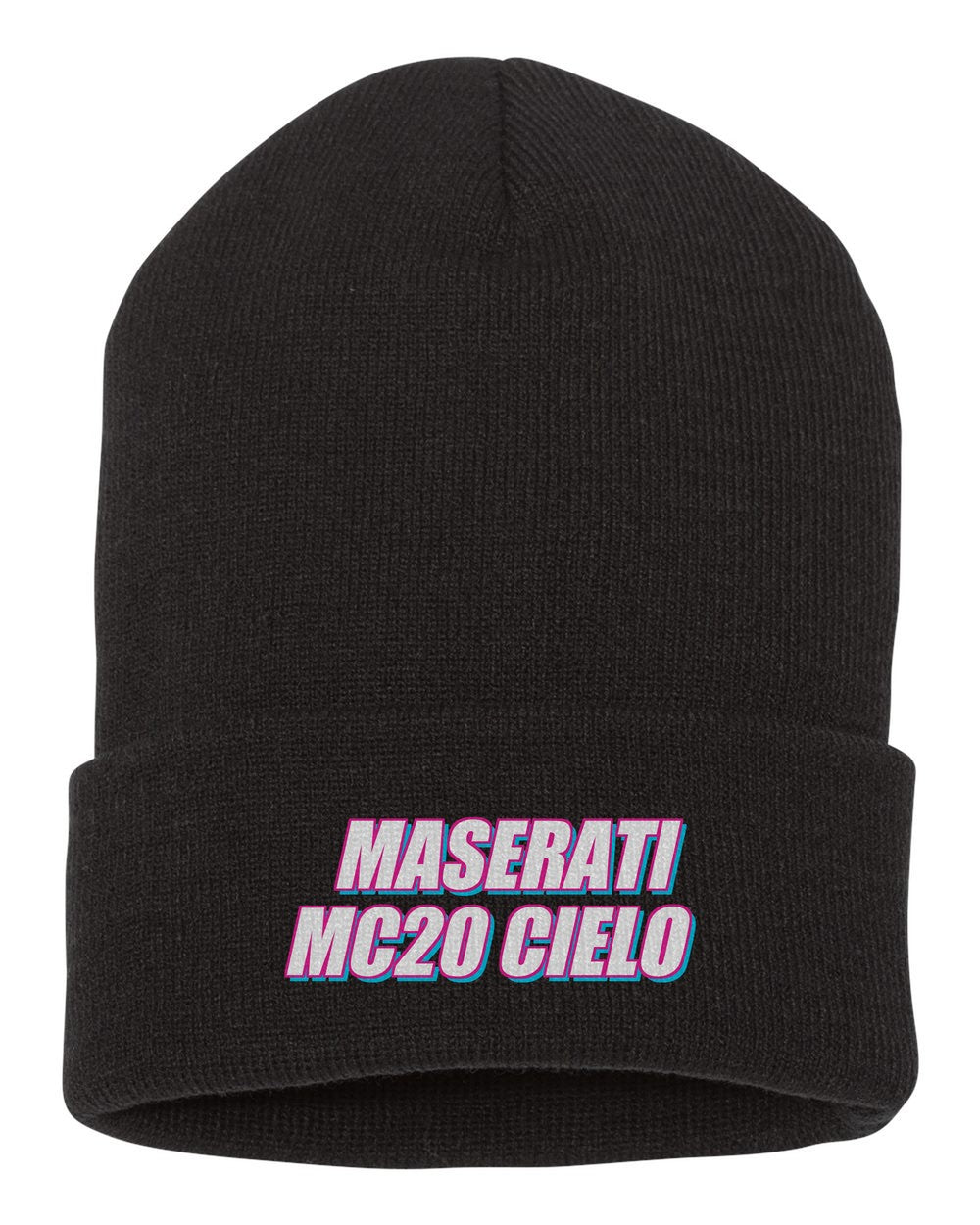 Maserati Mc20 Cielo black beanie front view with car name
