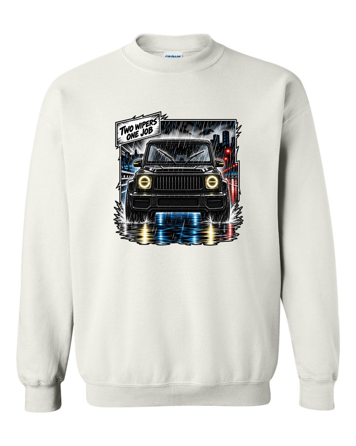 Round enamel-pin style crest graphic reading W463 3 Lockers 4x4 for the Mercedes G-Class, print white crewneck front view with the design