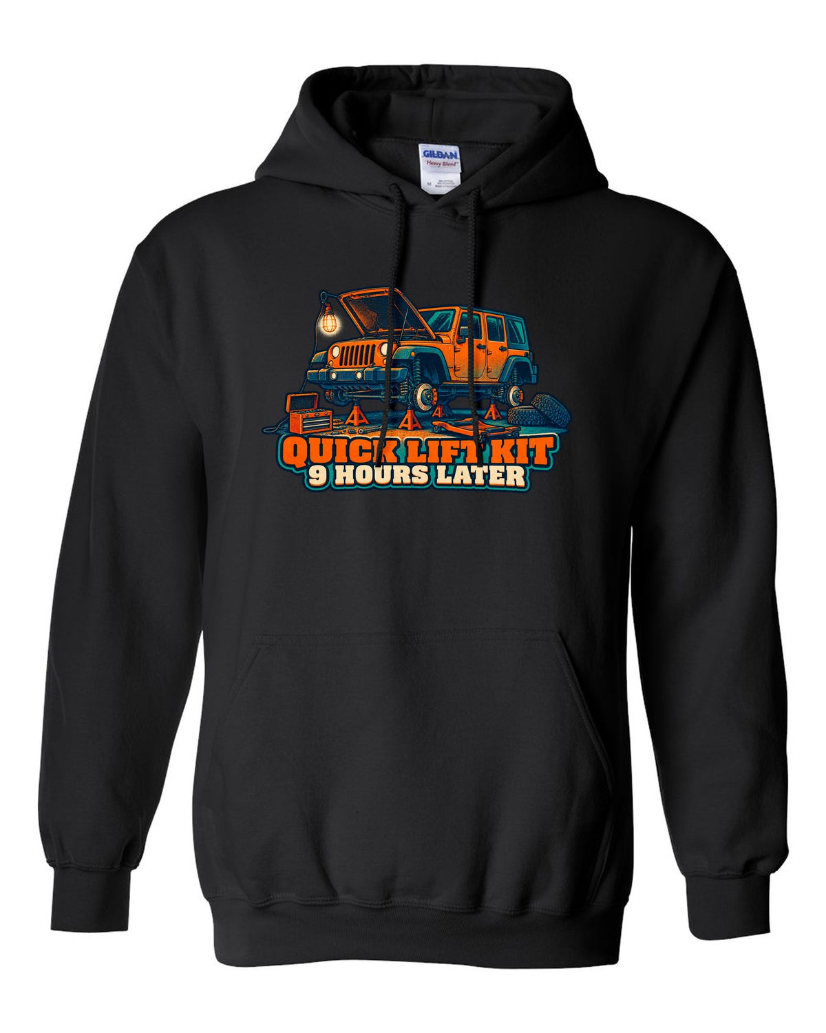 Risograph-style print of a Jeep Wrangler JKU four-door with lift kit joke text black pull over hoodie front view with the design