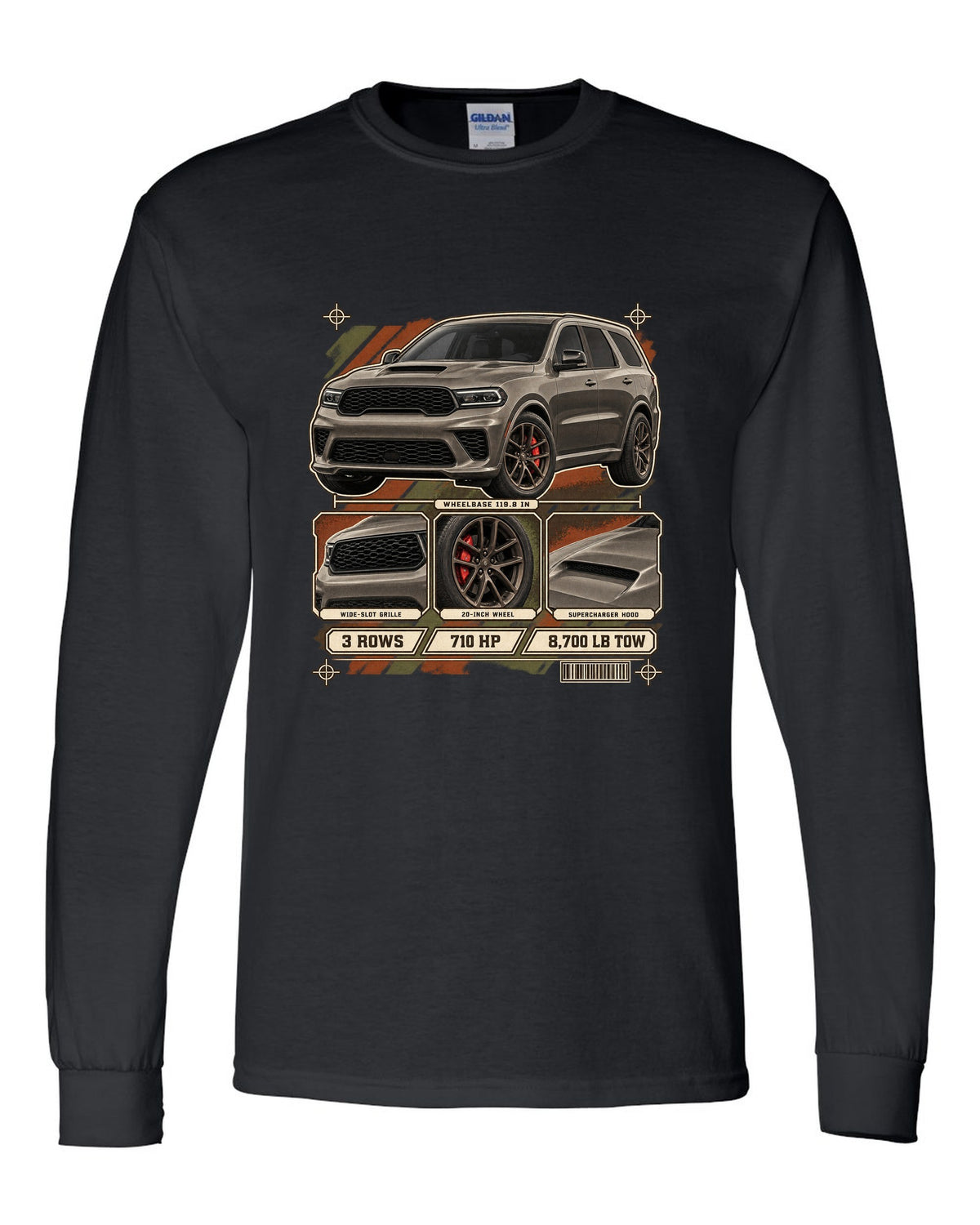 print of a 2021 Dodge Durango SRT Hellcat with spec dossier panels black long sleeve front view with the design