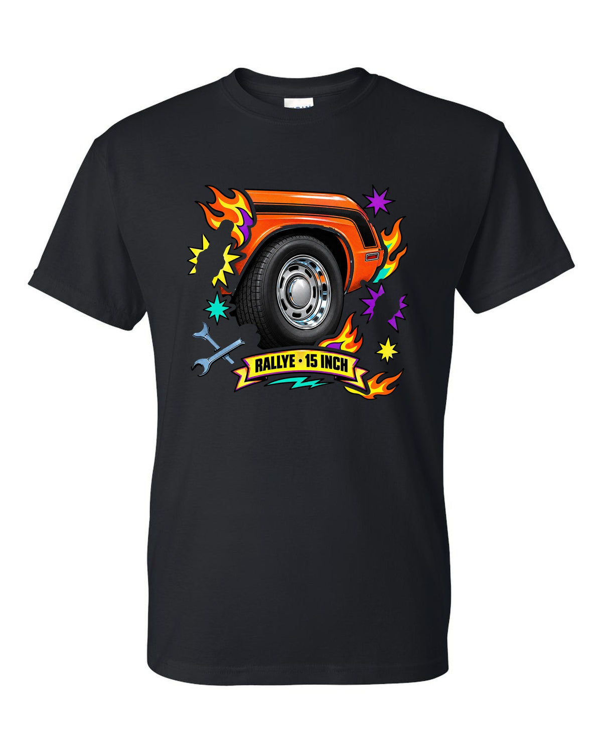 Sticker-bomb collage print of a 1970 Dodge Challenger R/T with Rallye wheel text black t-shirt front view with the design