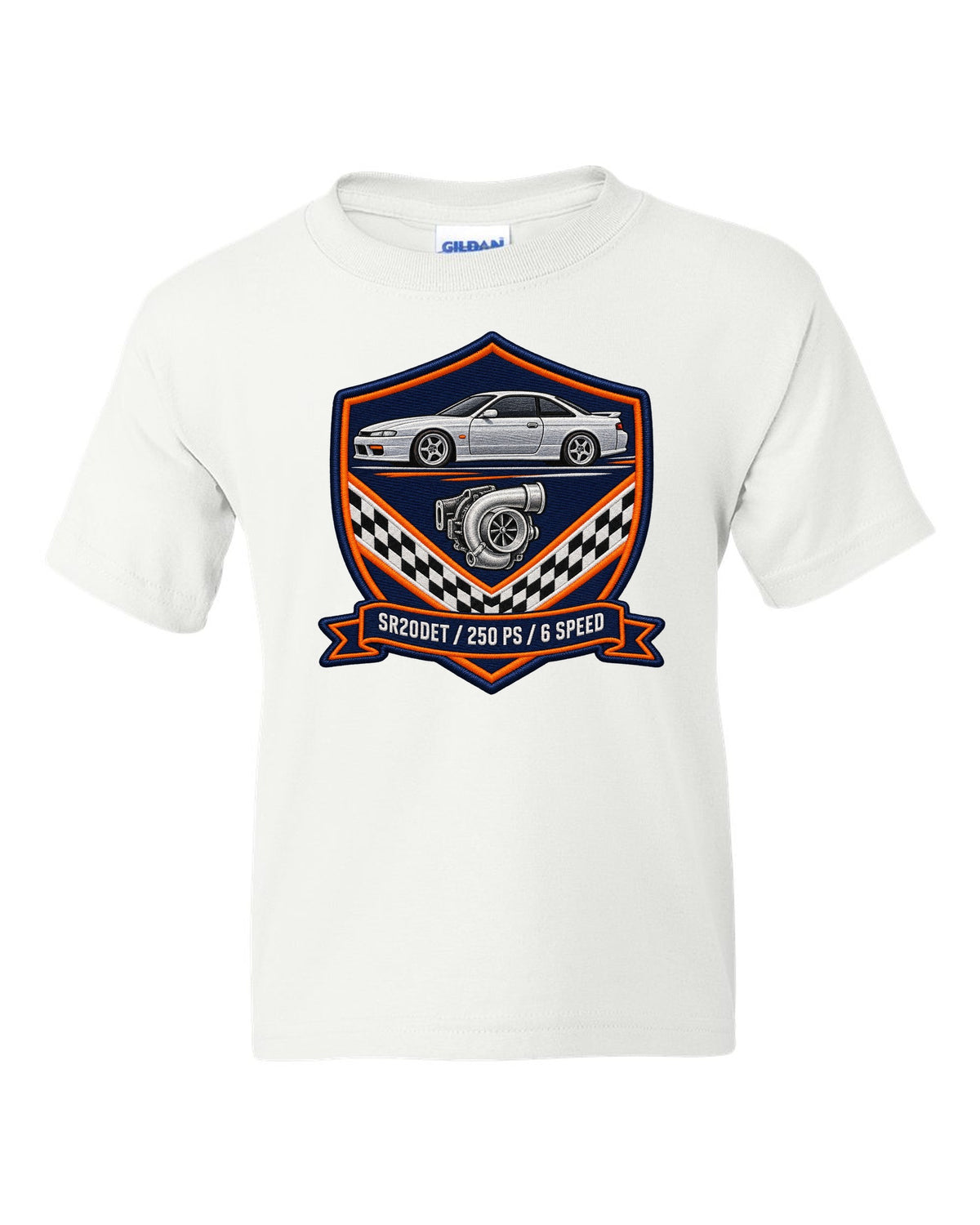 Embroidery-style shield crest print for the Nissan Silvia S15 with SR20DET 250 PS 6 speed lettering white kids tee front view with the design
