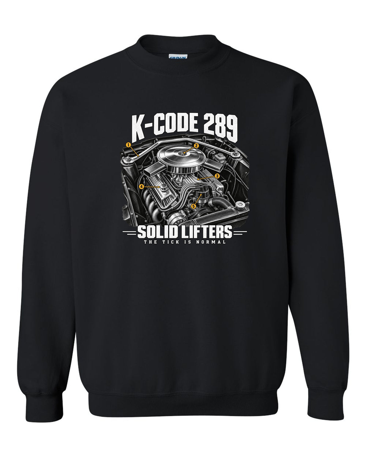 Engine illustration of a 1965 Ford Mustang K-code 289 V8 with solid lifter callouts black crewneck front view with the design
