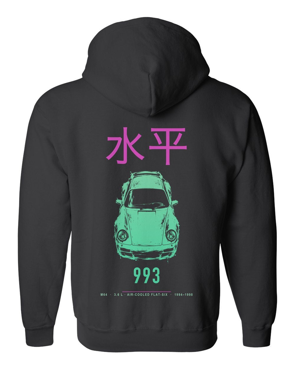 993 full-back artwork black zip hoodie back view with the design