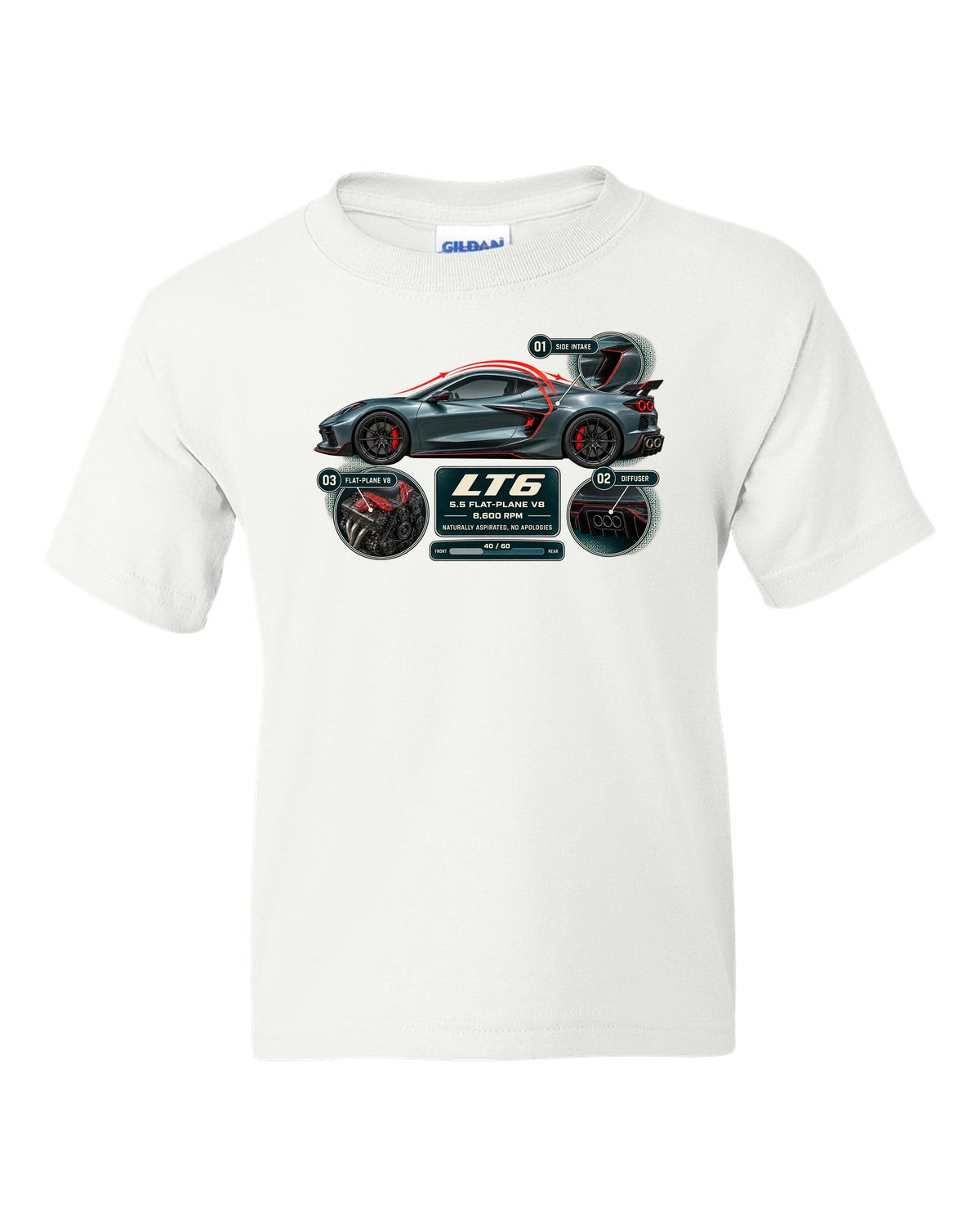 print aero cutaway callouts of a Chevrolet Corvette C8 Z06 in teal-grey white kids tee front view with the design