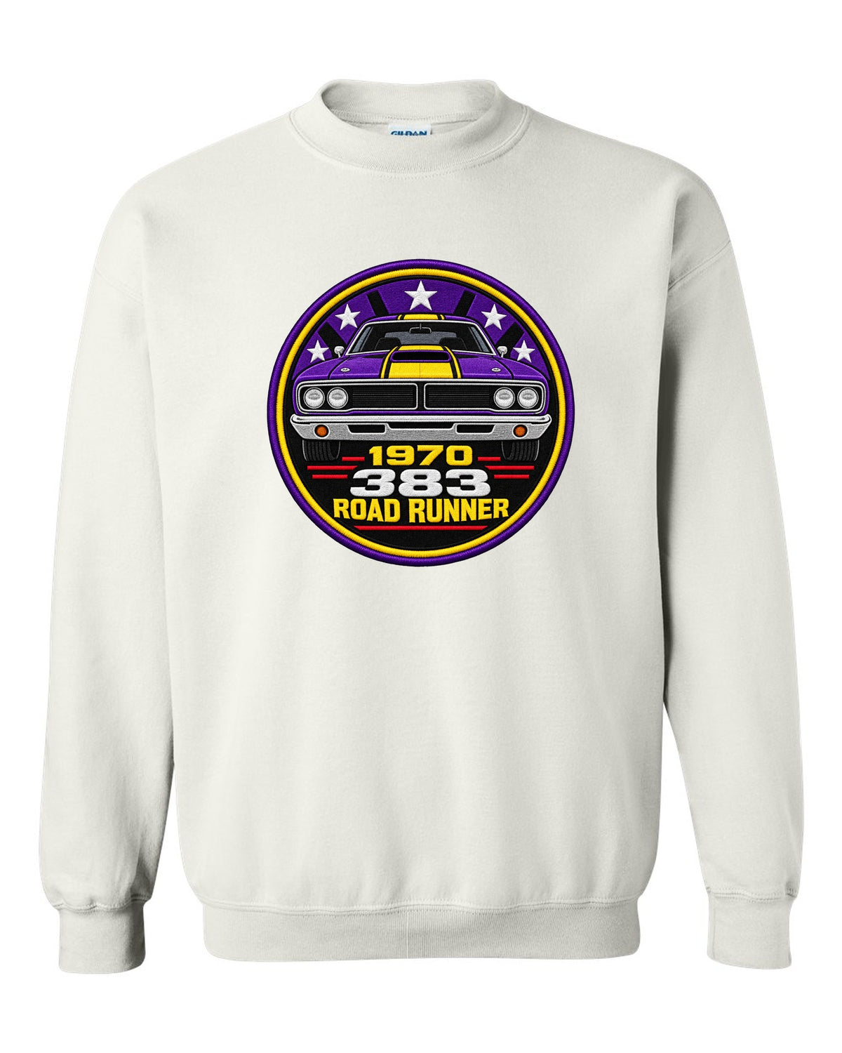 Original round crest print for a 1970 Plymouth Road Runner with 383 lettering white crewneck front view with the design