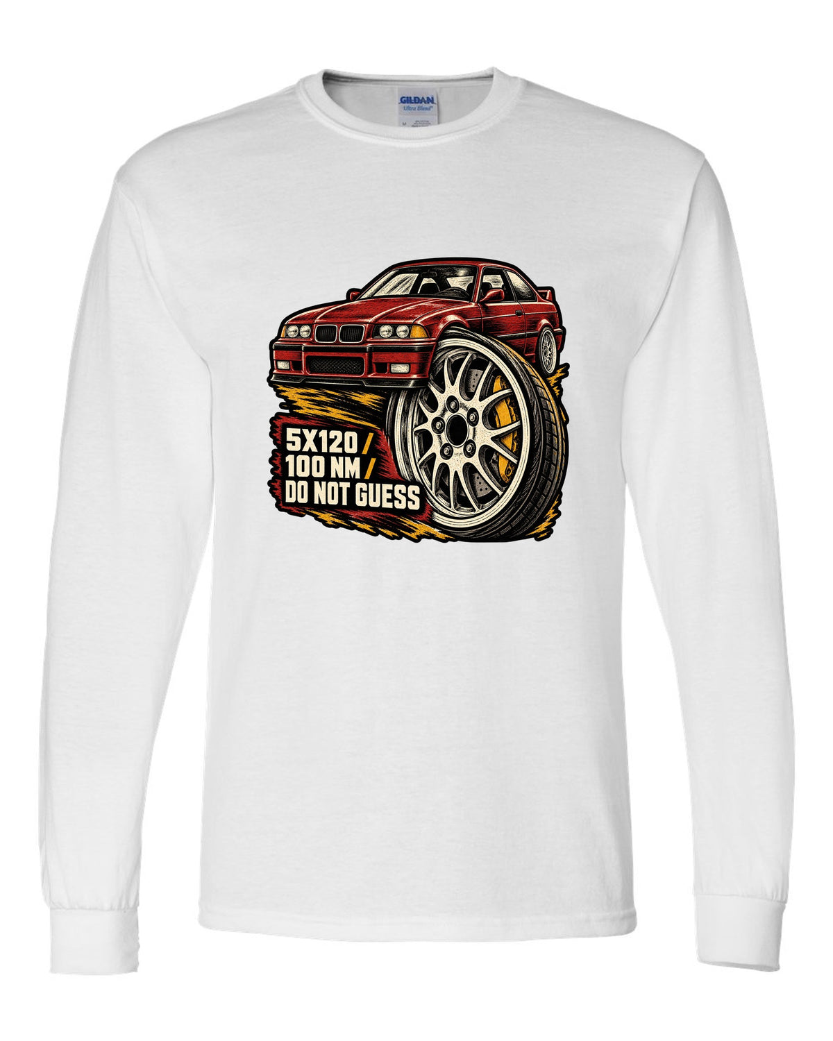 Linocut woodcut lug nut design for a BMW E36 M3 coupe with 5x120 and 100 Nm text white long sleeve front view with the design