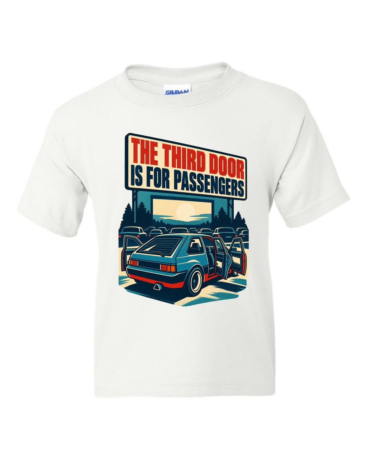 1960s litho race poster print of a Hyundai Veloster N JS with third door text white kids tee front view with the design