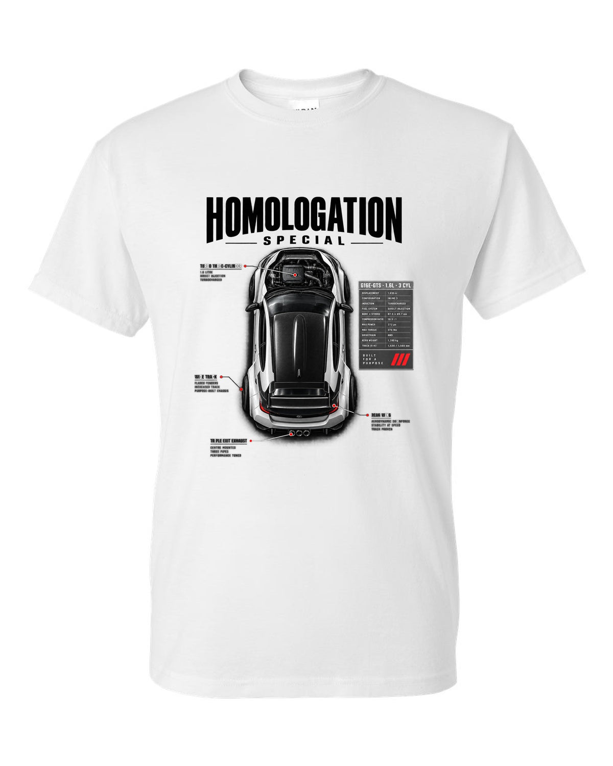 Spec poster style print of a Toyota GR Yaris with G16E-GTS 1.6L 3 cylinder text white t-shirt front view with the design