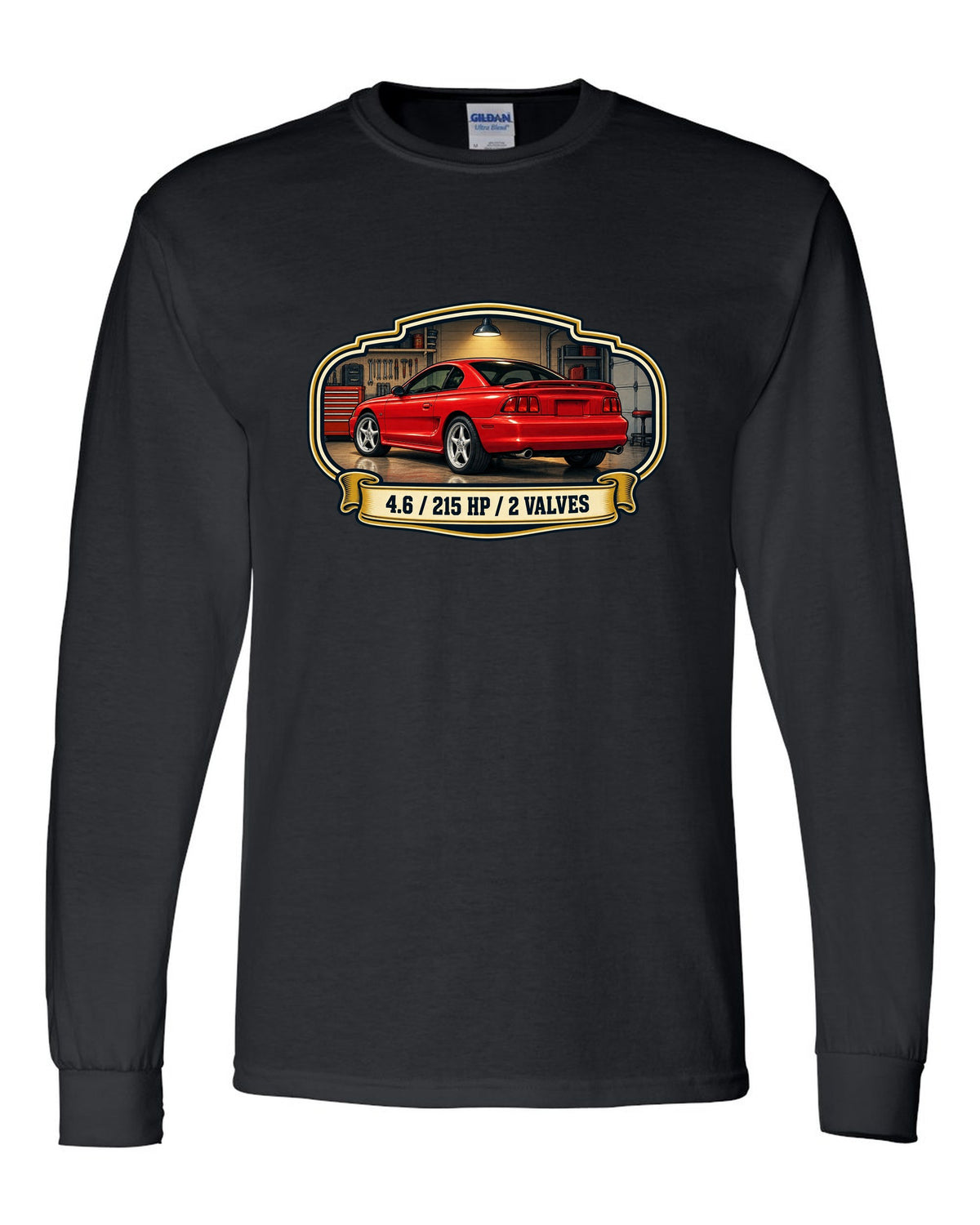 Vintage oil can label design of a 1994-98 SN95 Ford Mustang coupe with 4.6 specs black long sleeve front view with the design