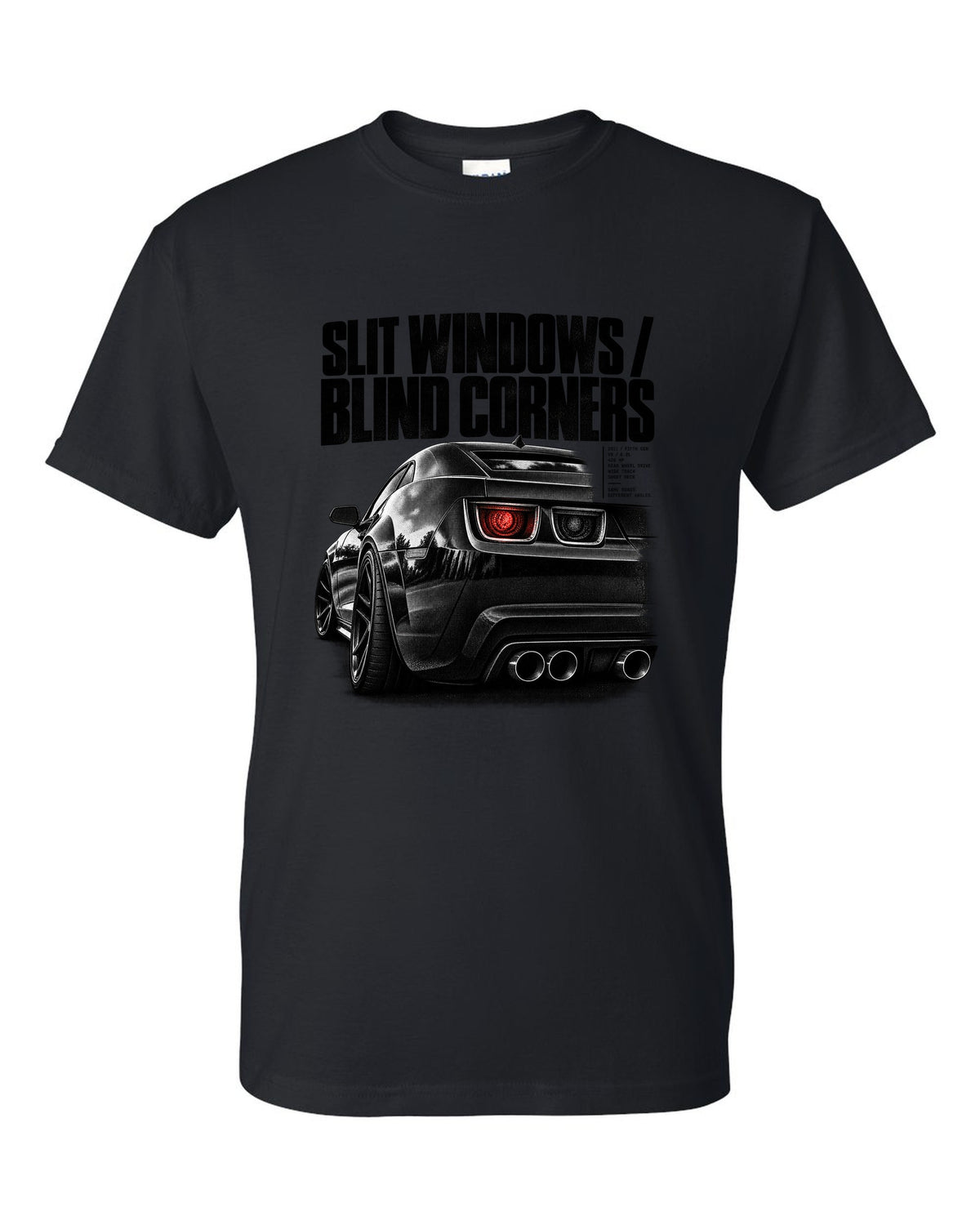 Rear three-quarter taillight print of a 2011 Chevrolet Camaro SS with slit windows text black t-shirt front view with the design