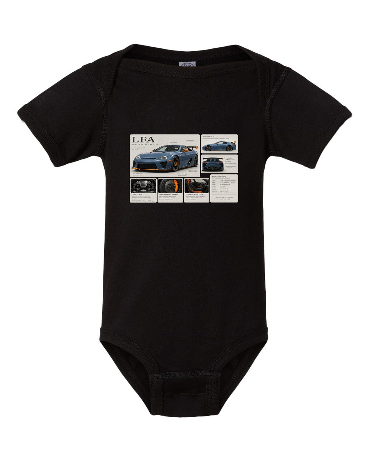 Dossier panel layout for the Lexus LFA Nurburgring Package with V10 notes black baby onesie front view with the design