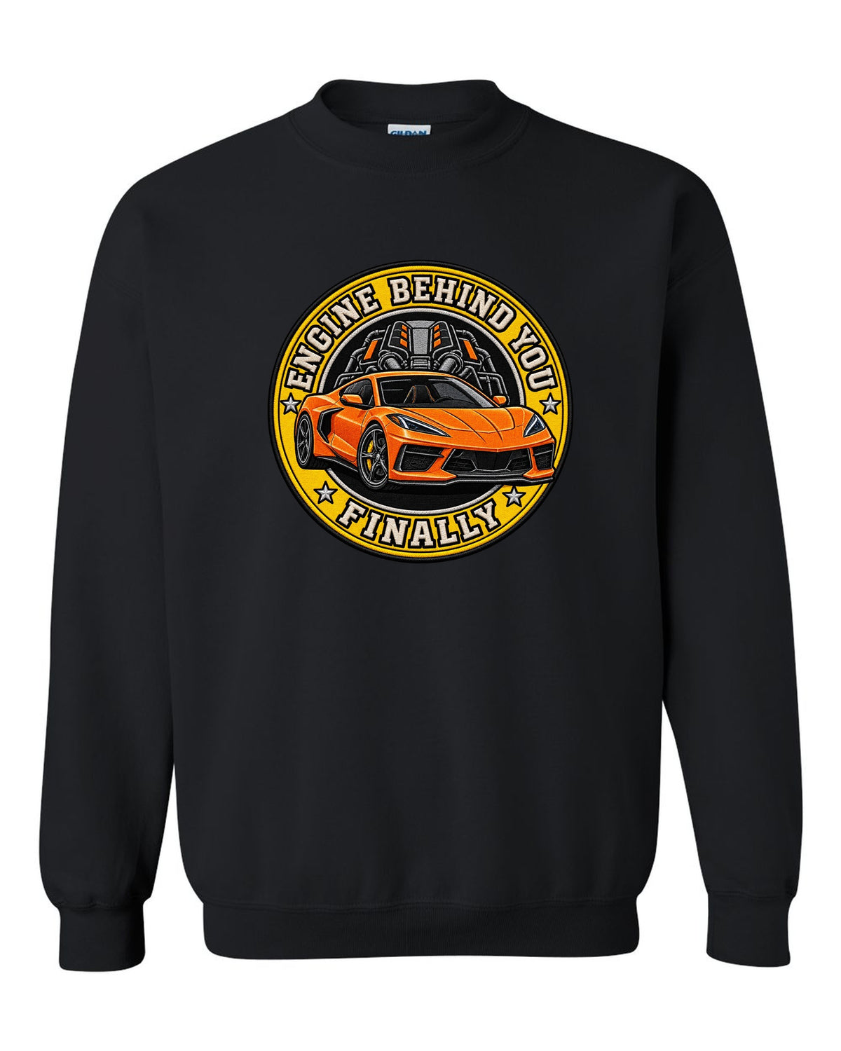Varsity shield crest print of a 2020 Chevrolet Corvette C8 Stingray with engine behind you finally lettering black crewneck front view with the design