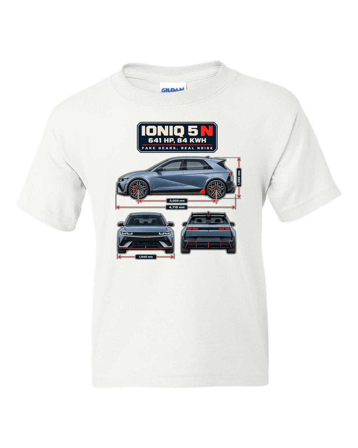 Hyundai Ioniq 5 N dimension blueprint print on a shirt white kids tee front view with the design
