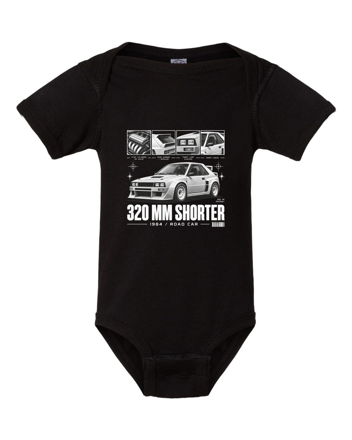 Audi Sport Quattro SWB 1984 Dossier black baby onesie front view with the design