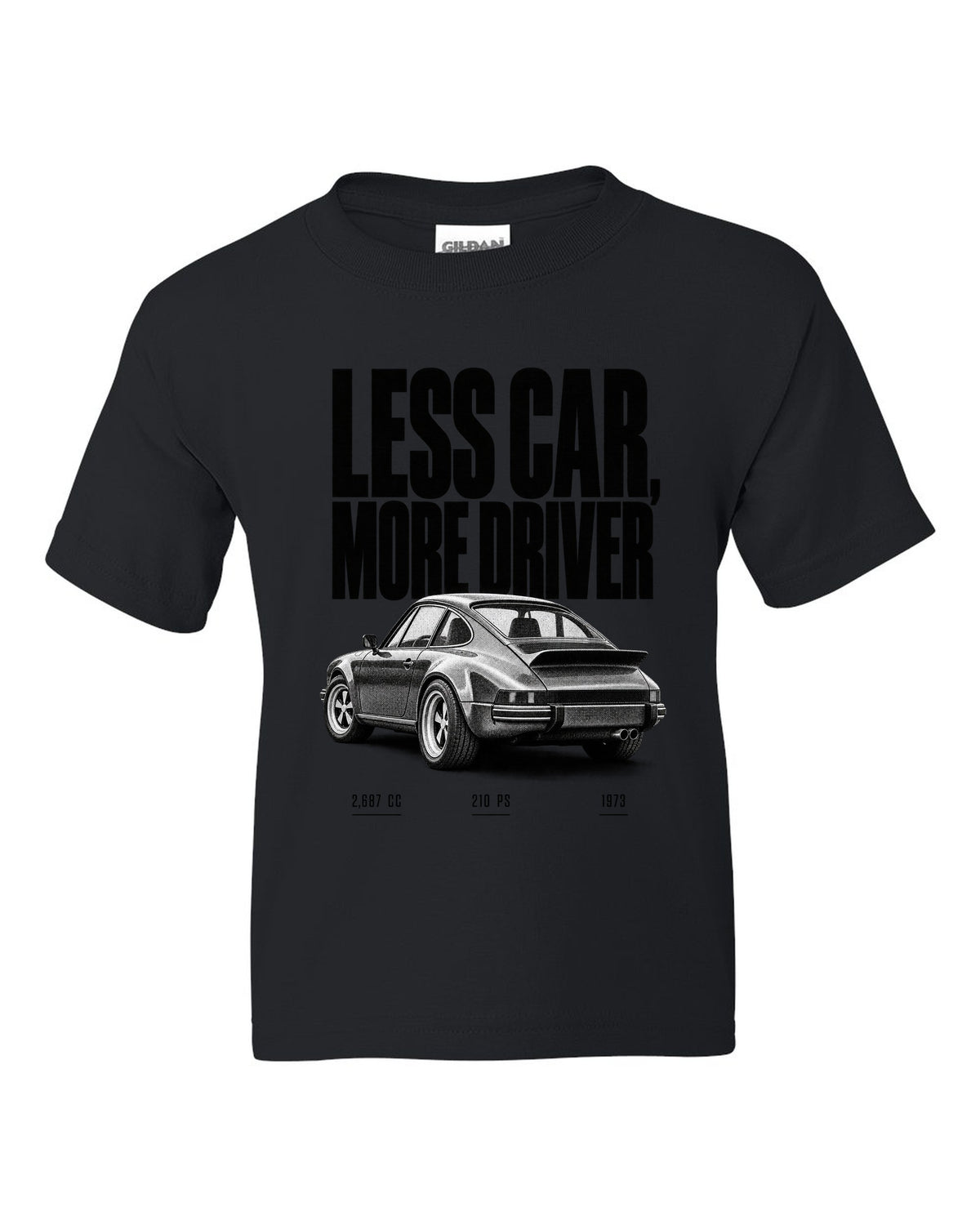 Halftone print of the 1973 Porsche 911 Carrera RS 2.7 with the line Less Car More Driver black kids tee front view with the design