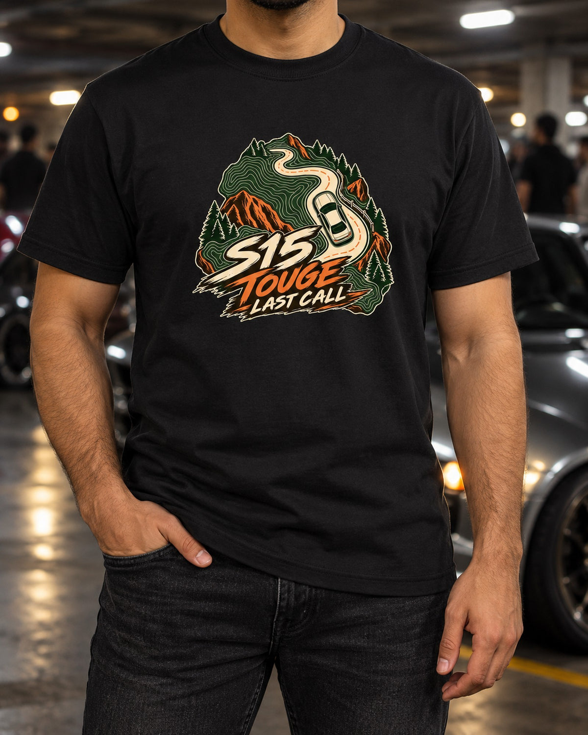 Nissan Silvia S15 Touge Topographic Map Line Art Shirt T-Shirt Black worn hero