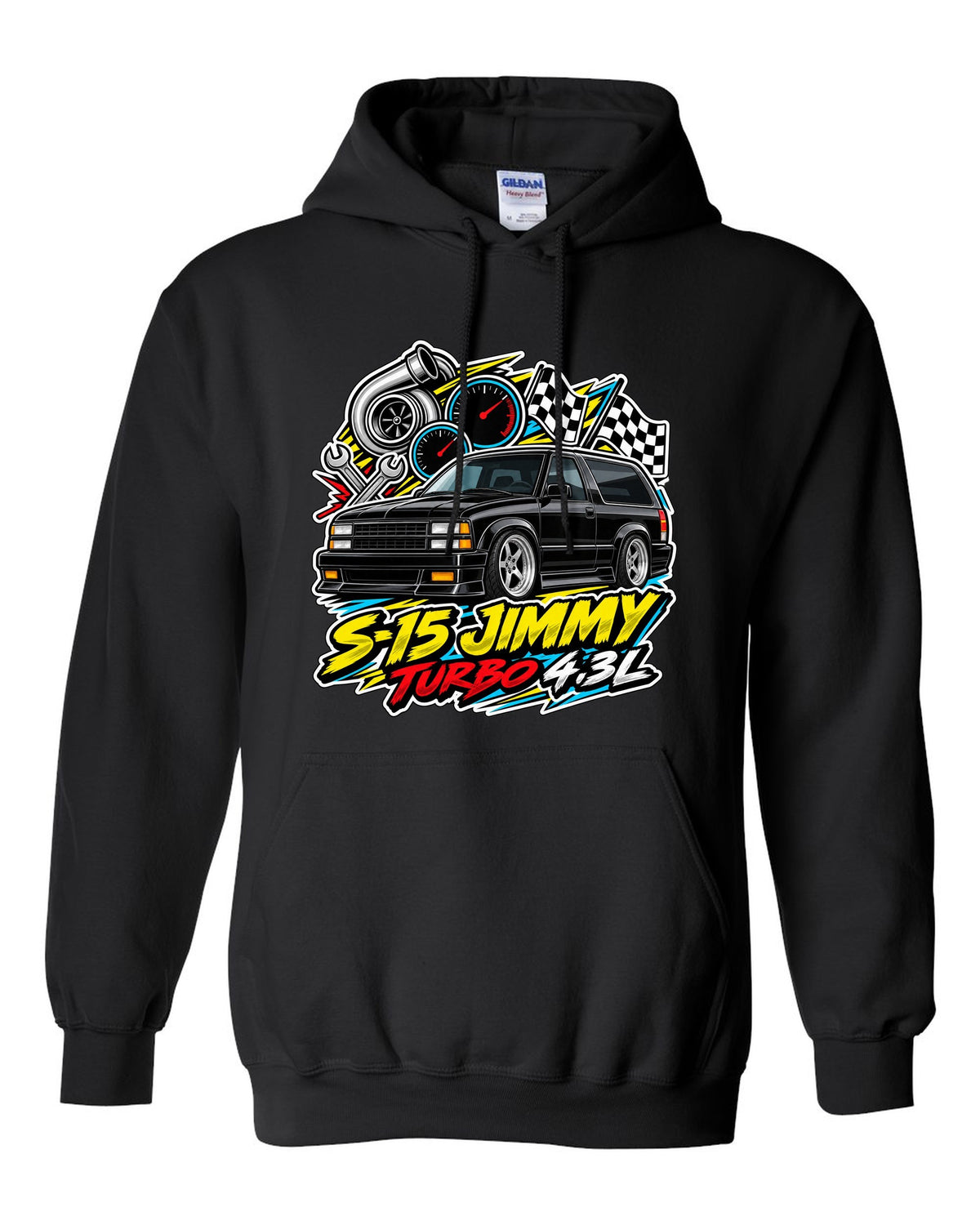 Sticker-bomb collage print of a 1992-93 GMC Typhoon with S-15 Jimmy Turbo 4.3L lettering black pull over hoodie front view with the design