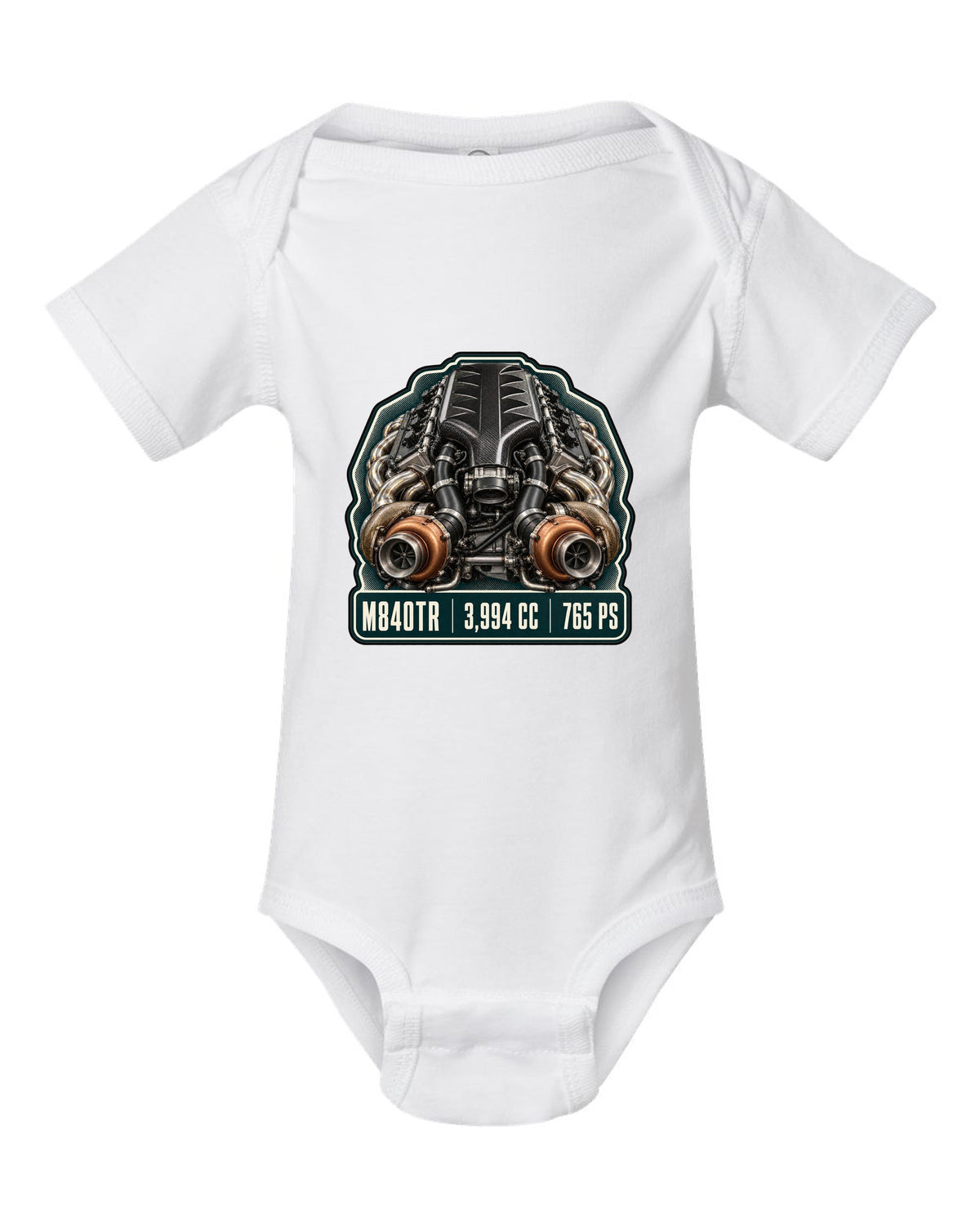 Engine hero print of the McLaren 765LT M840TR V8 white baby onesie front view with the design