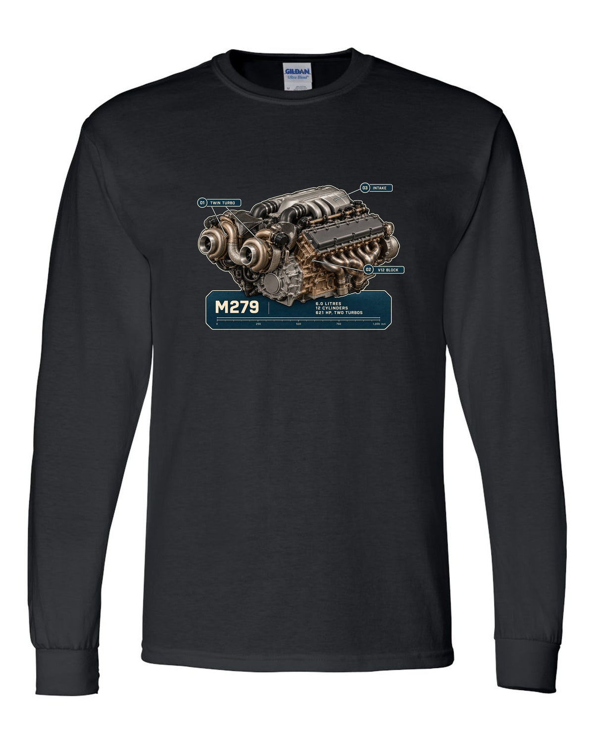 Mercedes-Maybach S680 M279 6.0 litre V12 biturbo engine hero print black long sleeve front view with the design