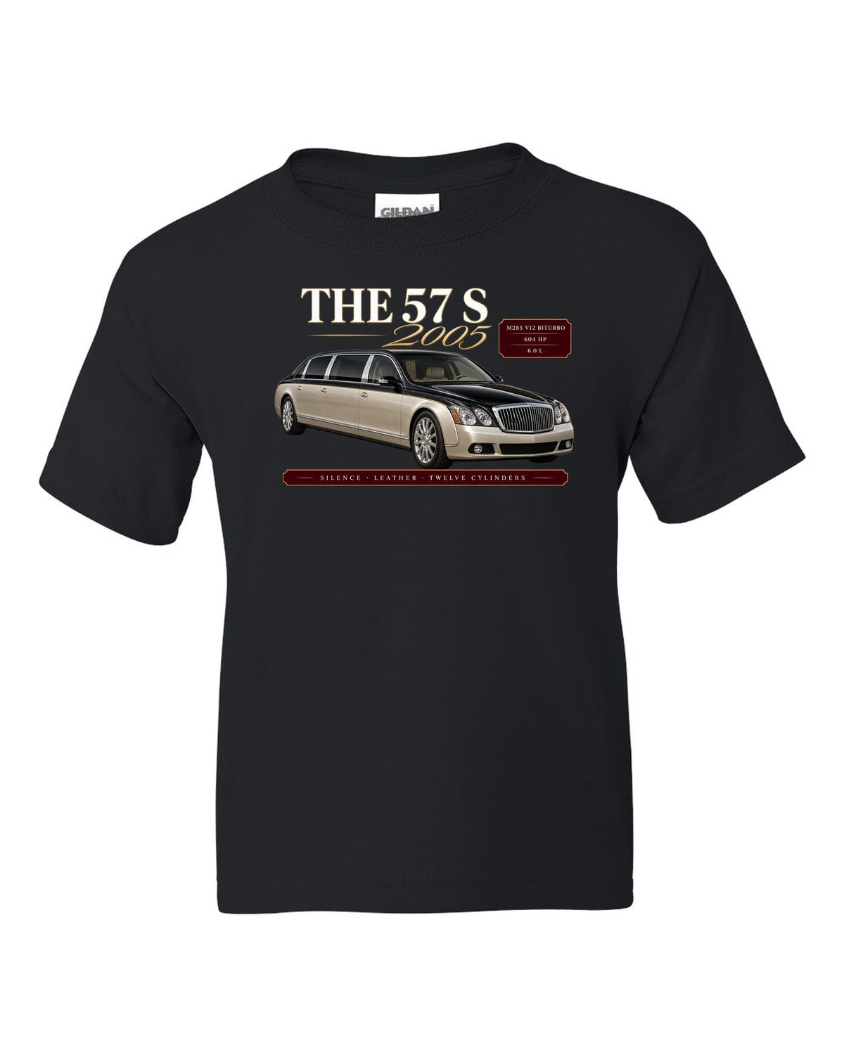 print archive panel of a Maybach 57 S W240 with text silence, leather, twelve cylinders black kids tee front view with the design
